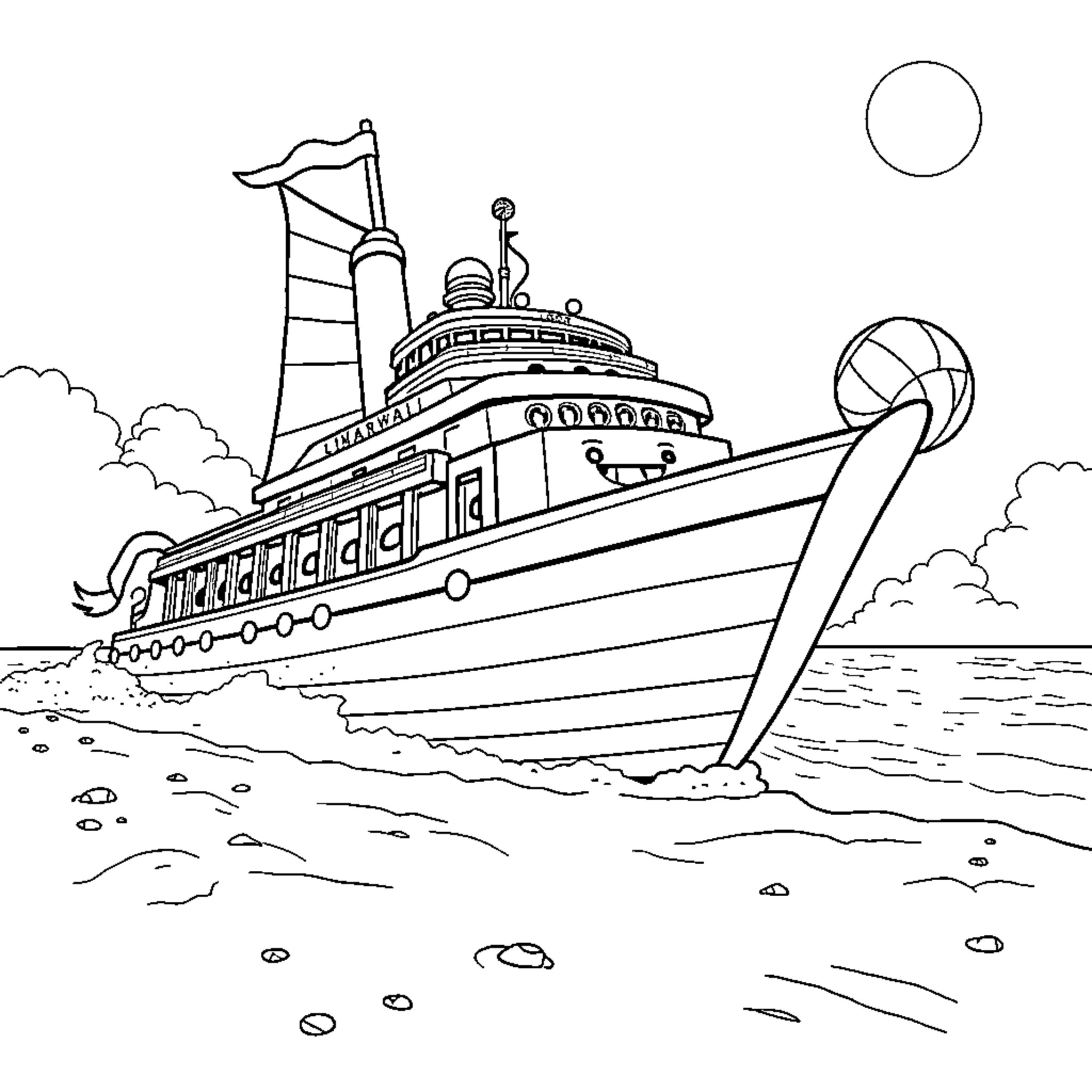 Gold Ship sailing on the high seas Coloring Page (free black-and-white line drawing printable PDF for all, from beginners to advanced learners, including children, teens, adults, and seniors)
