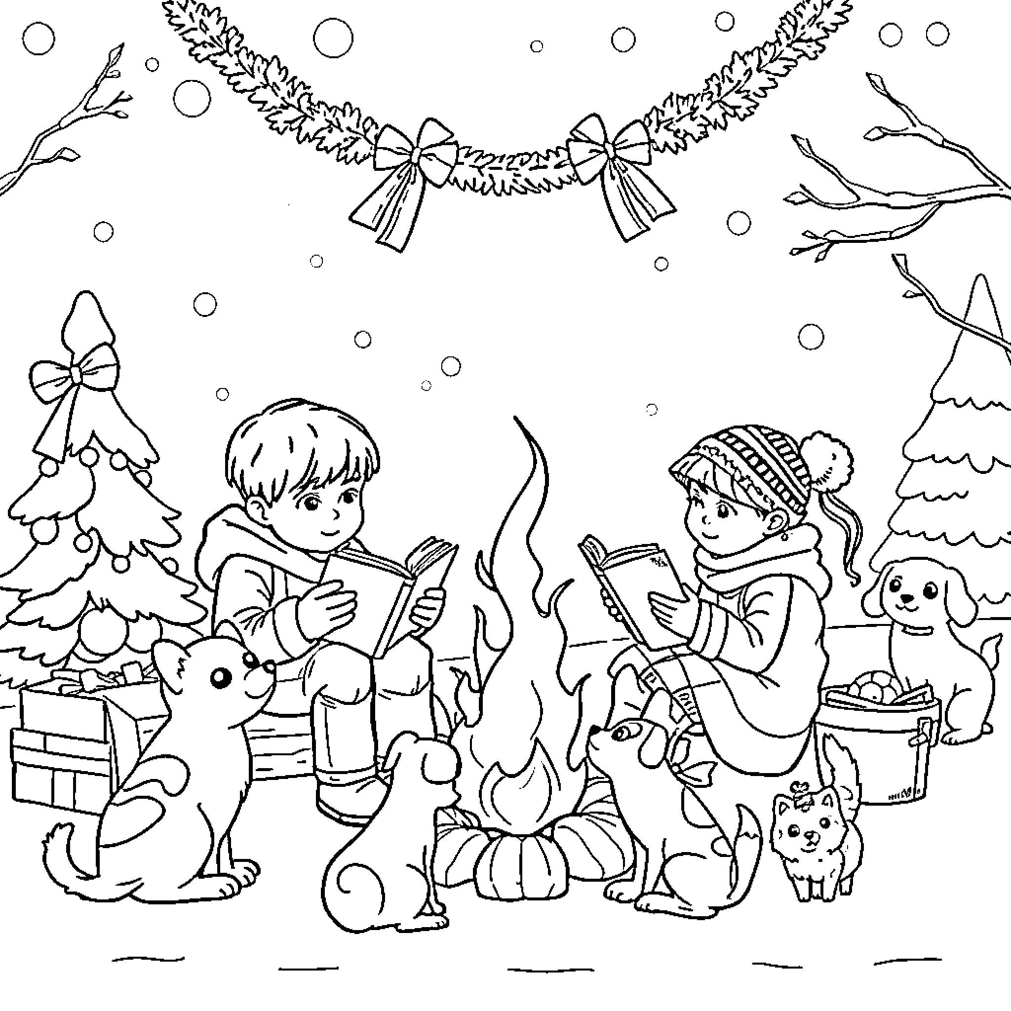 Children enjoying winter activities by the fireplace Coloring Page (free black-and-white line drawing printable PDF for all, from beginners to advanced learners, including children, teens, adults, and seniors)