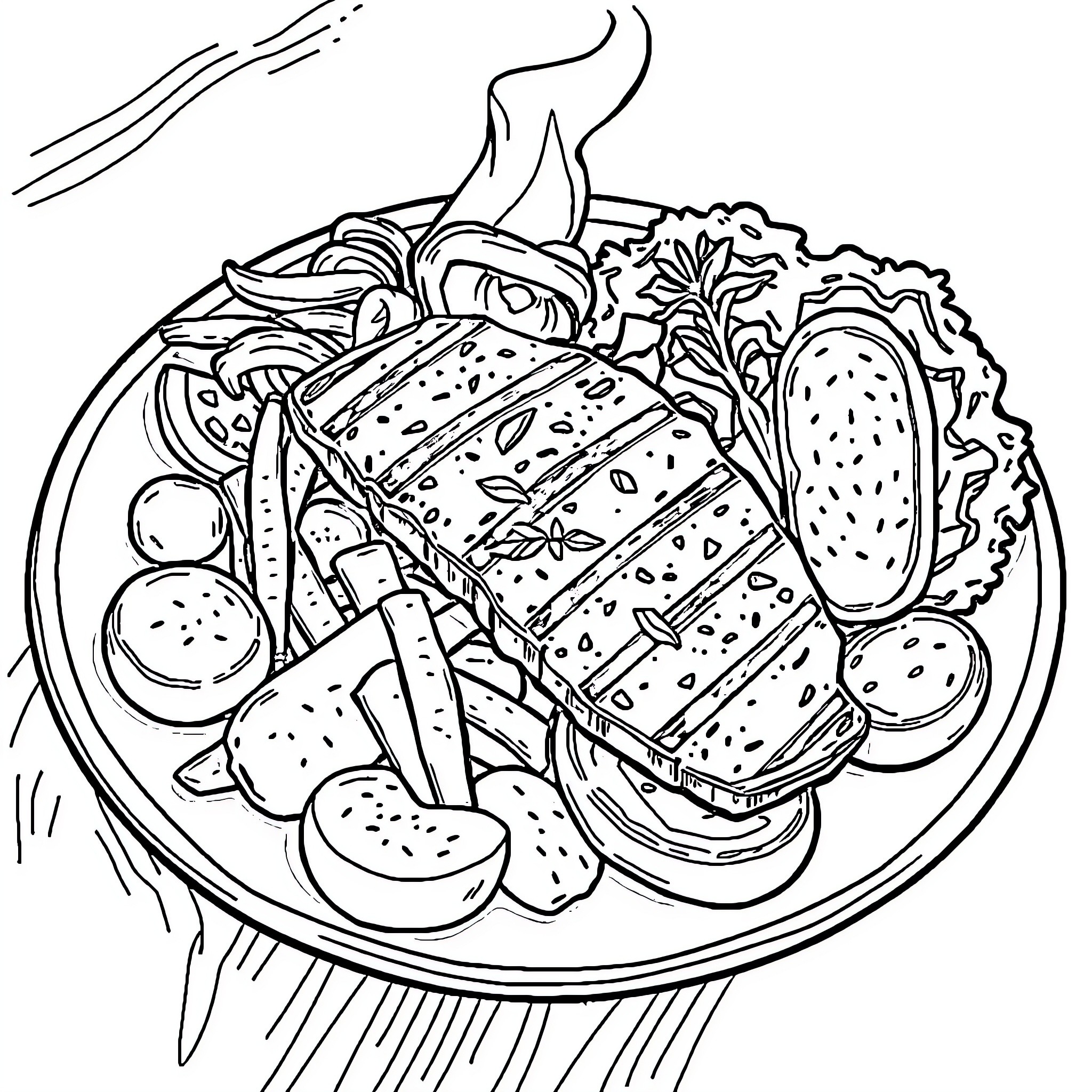 Food on a plate with various ingredients Coloring Page (free black-and-white line drawing printable PDF for all, from beginners to advanced learners, including children, teens, adults, and seniors)