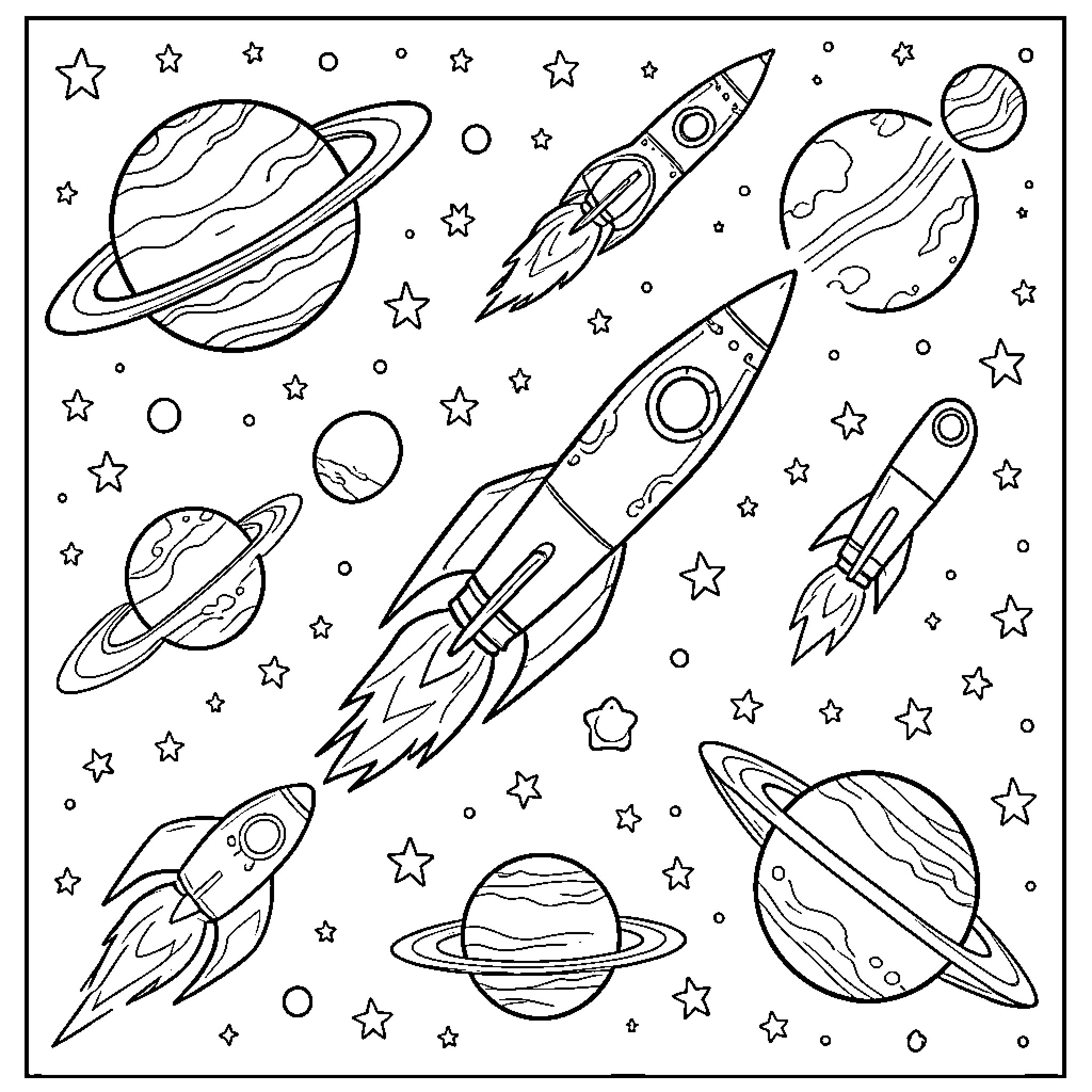 Space scene with rockets and planets flying through stars Coloring Page (free black-and-white line drawing printable PDF for all, from beginners to advanced learners, including children, teens, adults, and seniors)