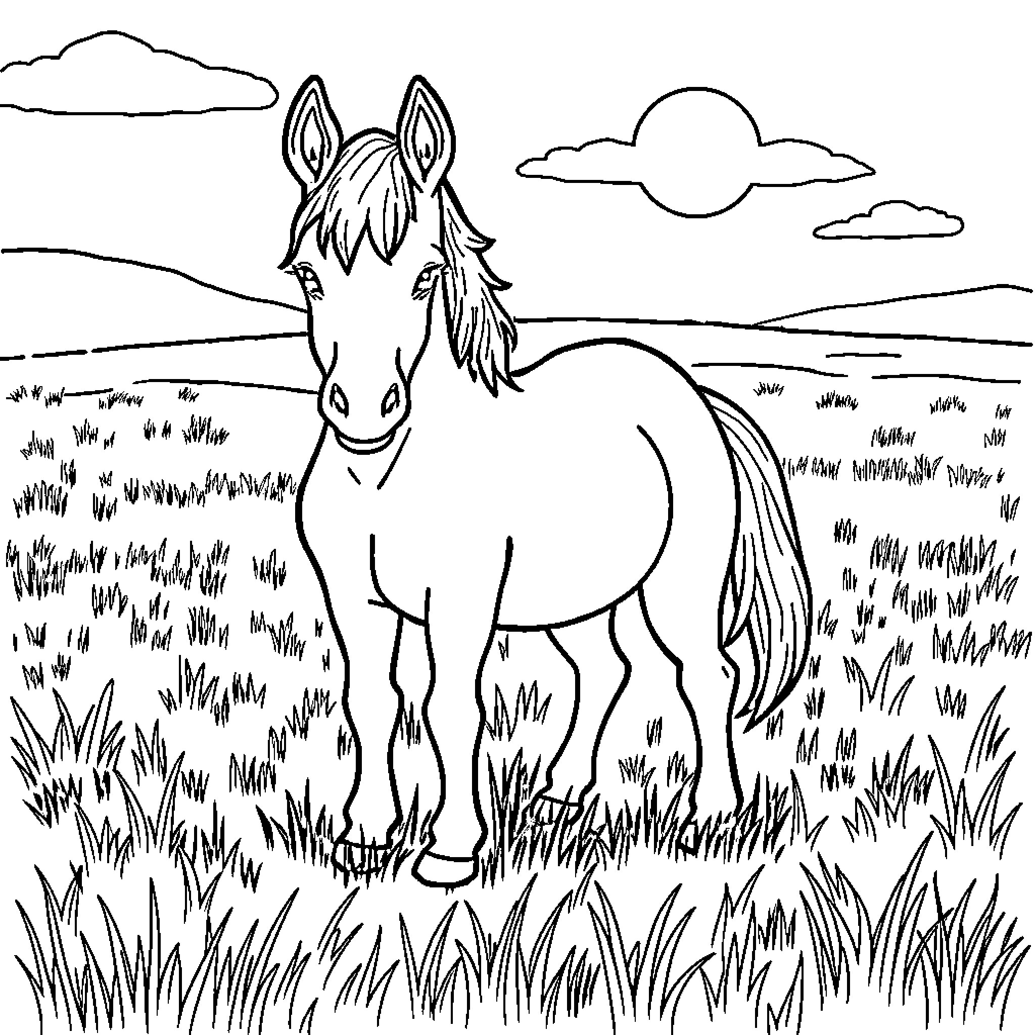 Pony standing gracefully in grassy field Coloring Page (free black-and-white line drawing printable PDF for all, from beginners to advanced learners, including children, teens, adults, and seniors)