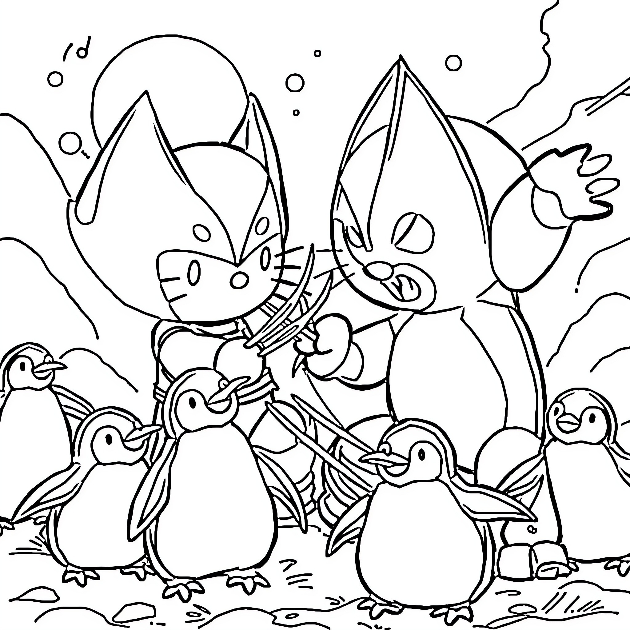 Hello Kitty and Friends Explore the Arctic Landscape Coloring Page (free black-and-white line drawing printable PDF for all, from beginners to advanced learners, including children, teens, adults, and seniors)