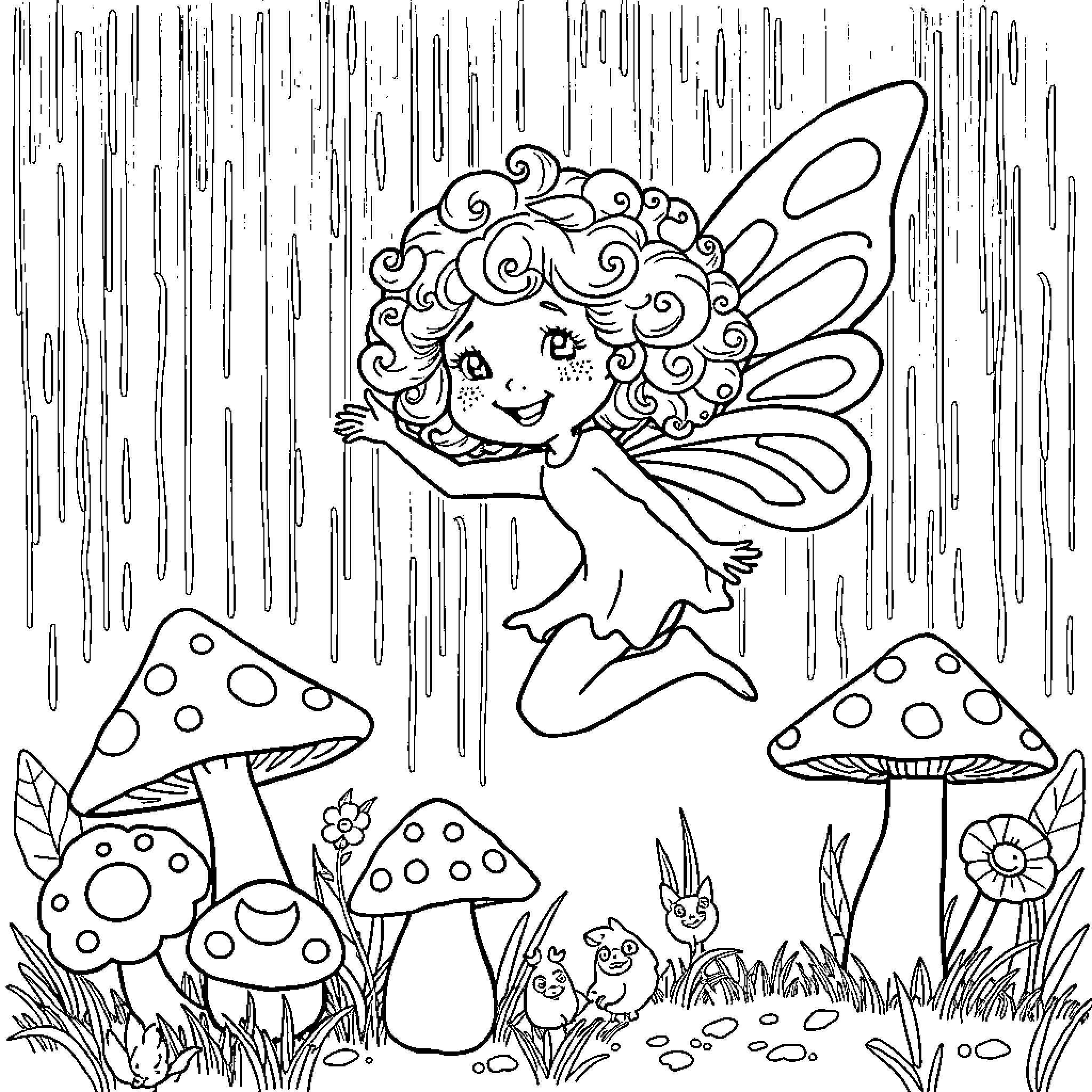 Fairy dancing joyfully in a magical mushroom forest Coloring Page (free black-and-white line drawing printable PDF for all, from beginners to advanced learners, including children, teens, adults, and seniors)