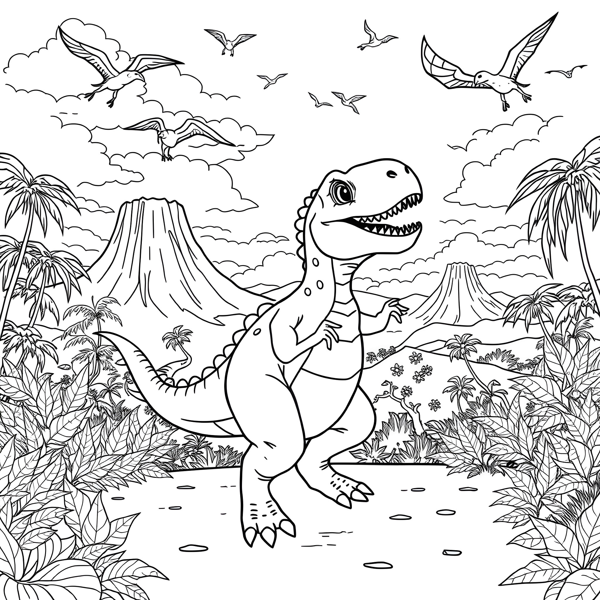 Dinosaur playing in a prehistoric landscape Coloring Page (free black-and-white line drawing printable PDF for all, from beginners to advanced learners, including children, teens, adults, and seniors)