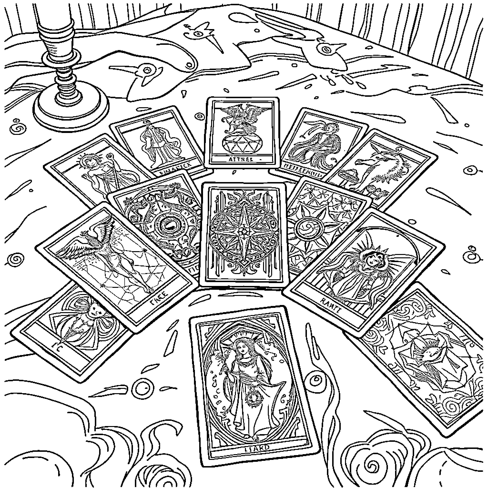 Tarot cards in mystical setting Coloring Page (free black-and-white line drawing printable PDF for all, from beginners to advanced learners, including children, teens, adults, and seniors)