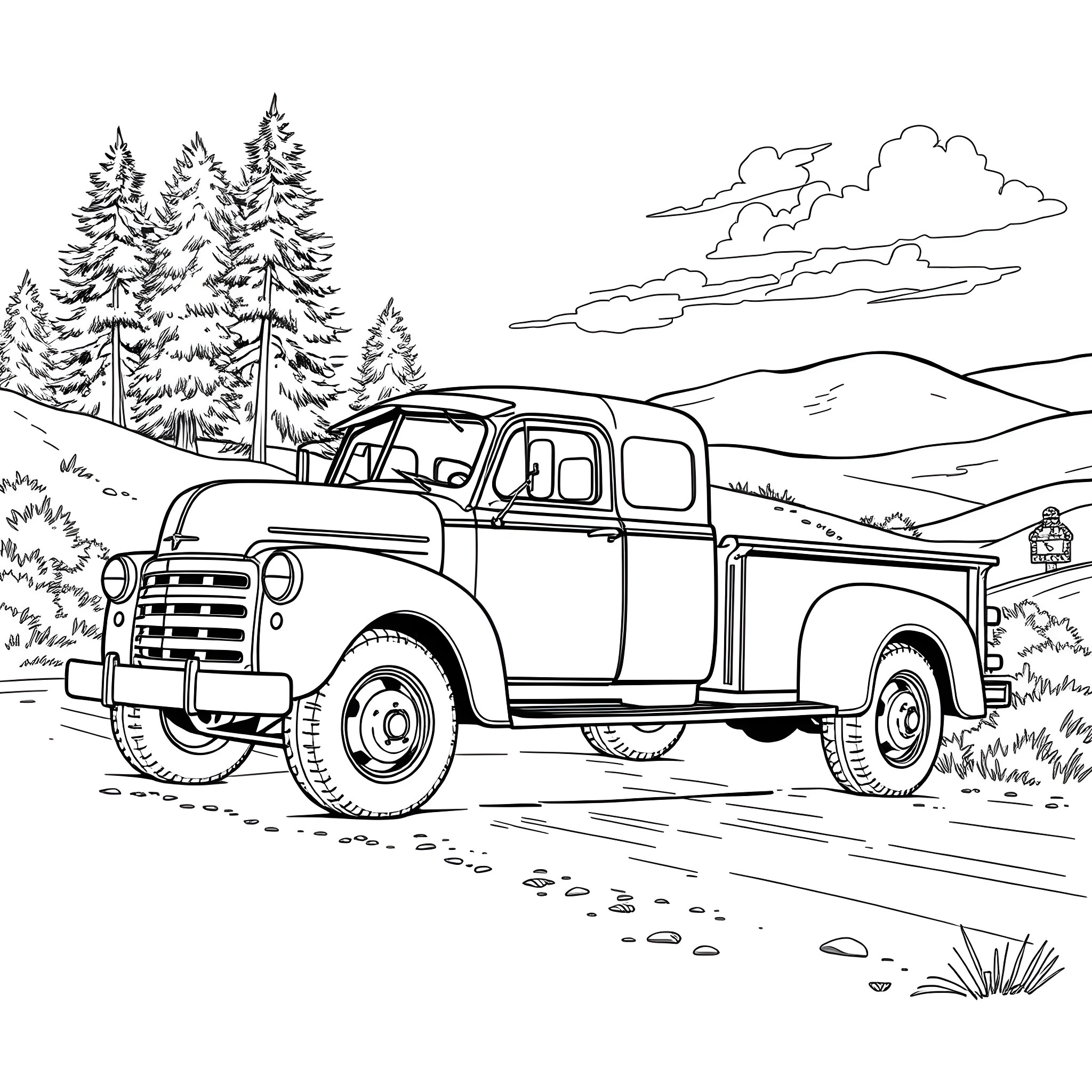 Truck driving through snowy forest landscape Coloring Page (free black-and-white line drawing printable PDF for all, from beginners to advanced learners, including children, teens, adults, and seniors)