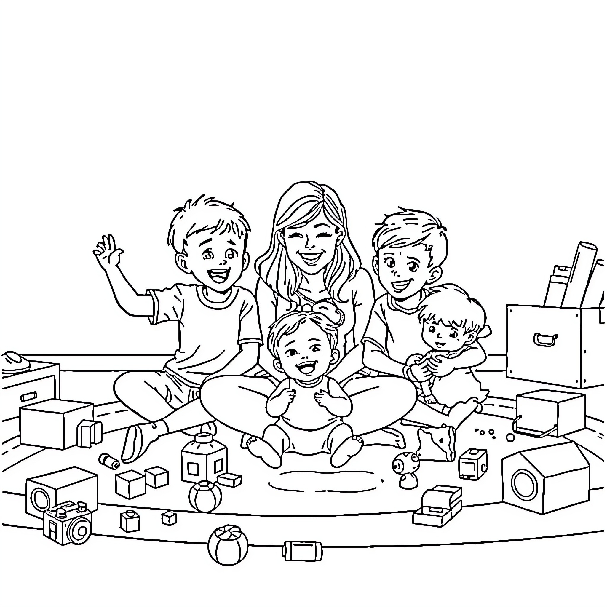 Family Enjoying Time Together in Playroom Coloring Page (free black-and-white line drawing printable PDF for all, from beginners to advanced learners, including children, teens, adults, and seniors)