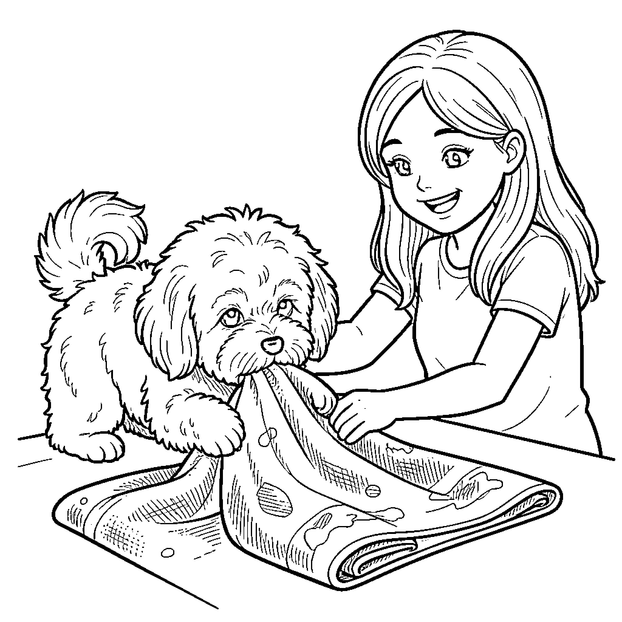 Cavapoo enjoying playtime with young owner Coloring Page (free black-and-white line drawing printable PDF for all, from beginners to advanced learners, including children, teens, adults, and seniors)