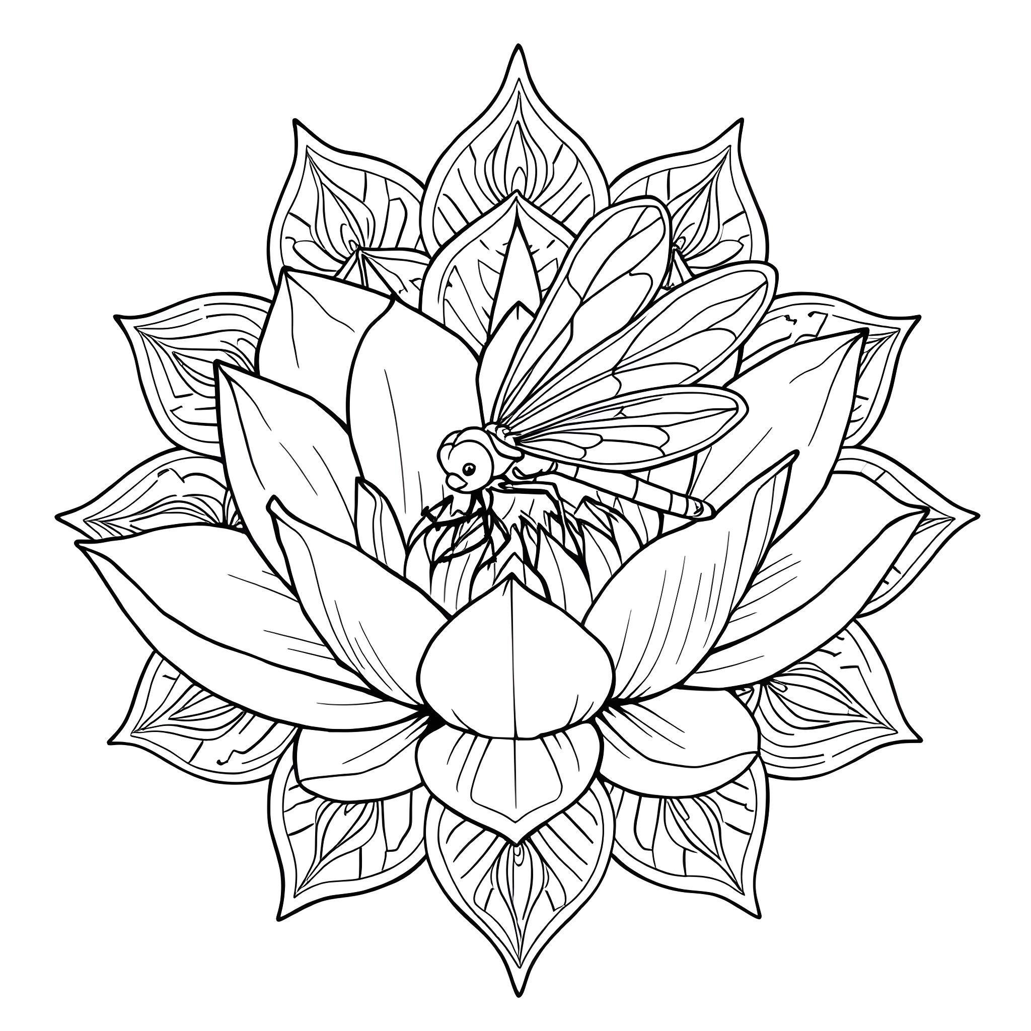 Dragonfly perched on an intricate lotus flower Coloring Page (free black-and-white line drawing printable PDF for all, from beginners to advanced learners, including children, teens, adults, and seniors)