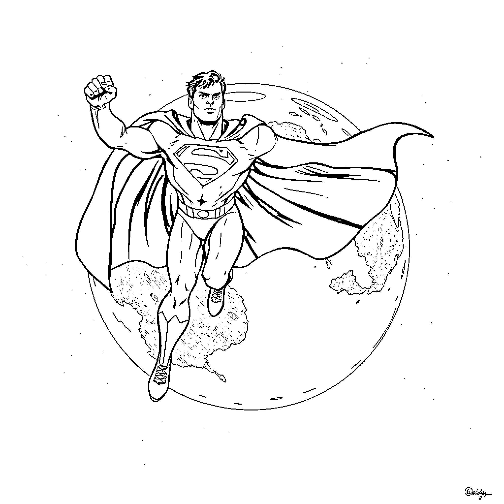 Superman Protecting the Earth with Power Coloring Page (free black-and-white line drawing printable PDF for all, from beginners to advanced learners, including children, teens, adults, and seniors)