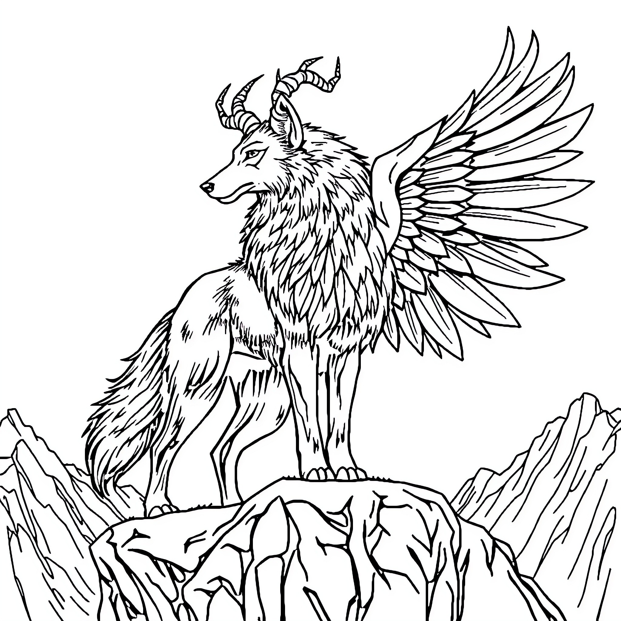 Wolf with majestic wings atop a rocky landscape Coloring Page (free black-and-white line drawing printable PDF for all, from beginners to advanced learners, including children, teens, adults, and seniors)