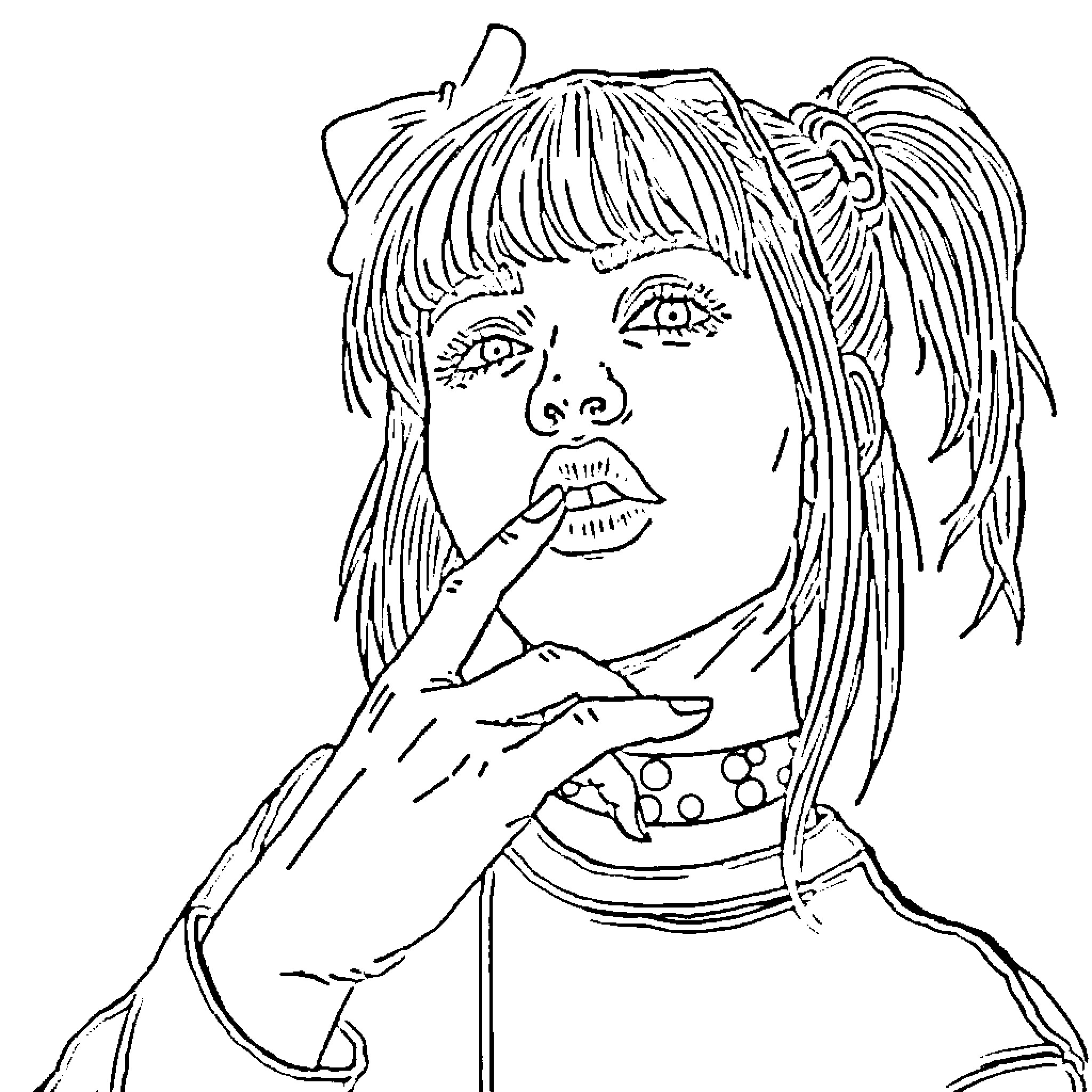 Billie Eilish in pensive expression Coloring Page (free black-and-white line drawing printable PDF for all, from beginners to advanced learners, including children, teens, adults, and seniors)