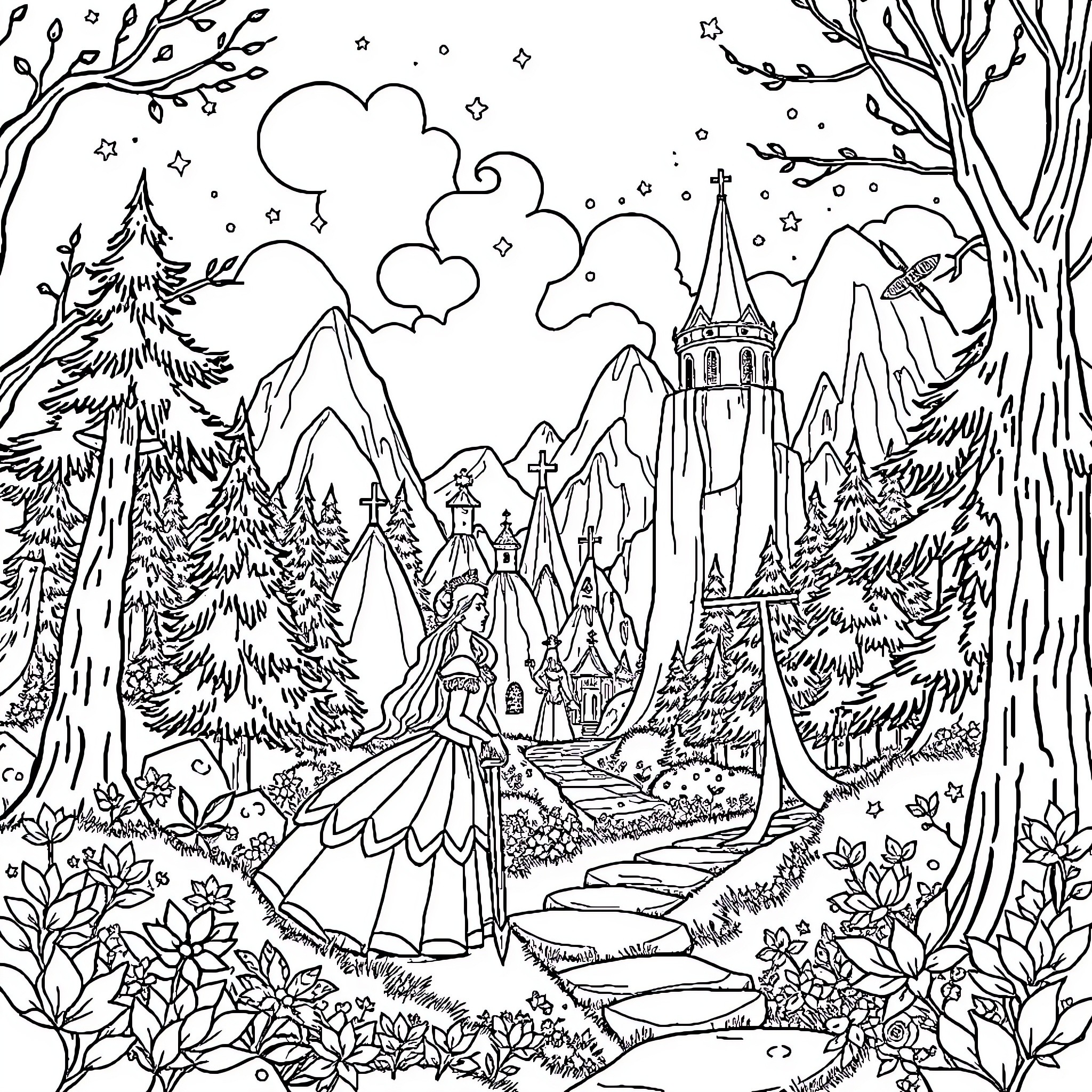 Fairy Tale Enchanted Forest with Castle and Fairy Coloring Page (free black-and-white line drawing printable PDF for all, from beginners to advanced learners, including children, teens, adults, and seniors)