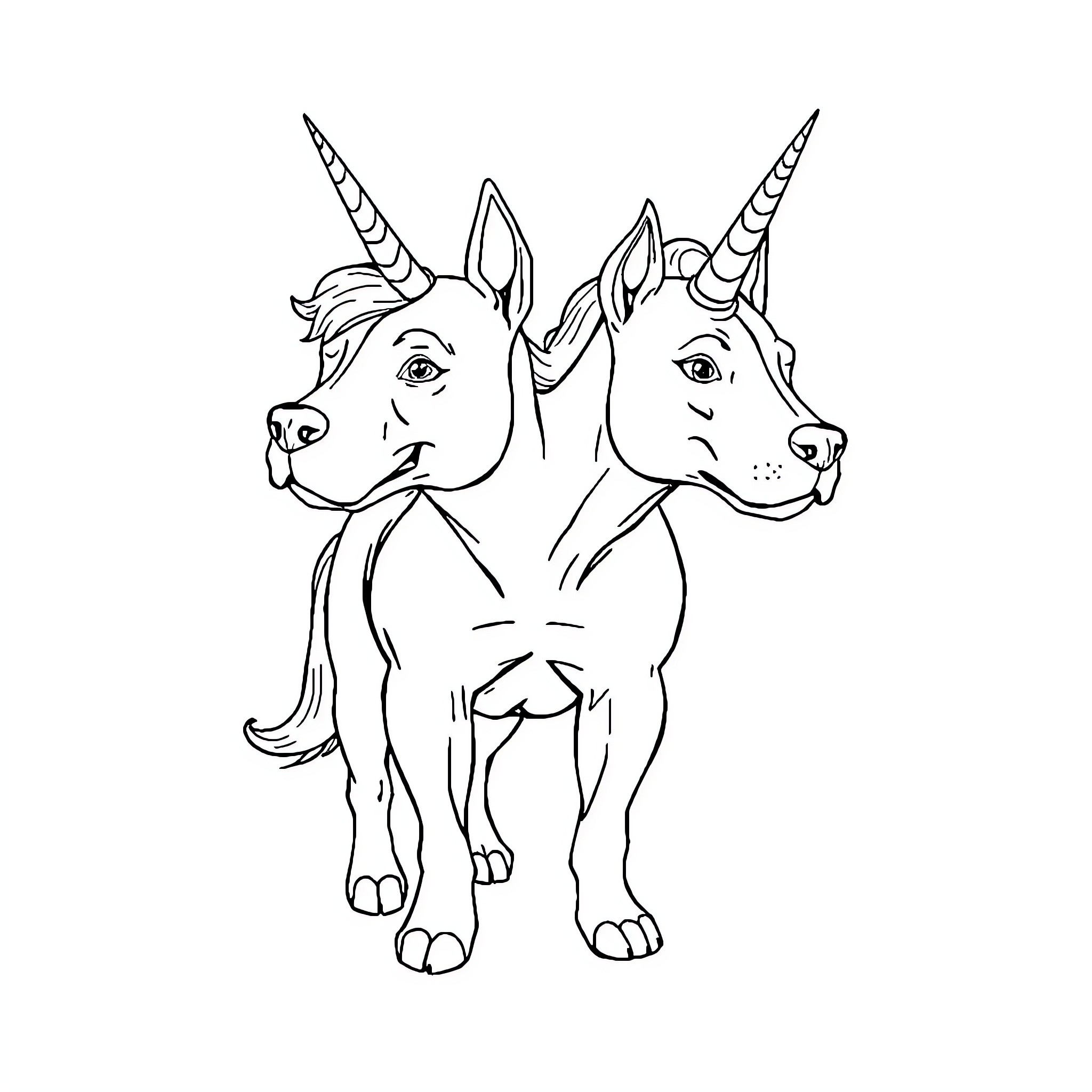 Unicorn Pitbull posing with confidence Coloring Page (free black-and-white line drawing printable PDF for all, from beginners to advanced learners, including children, teens, adults, and seniors)