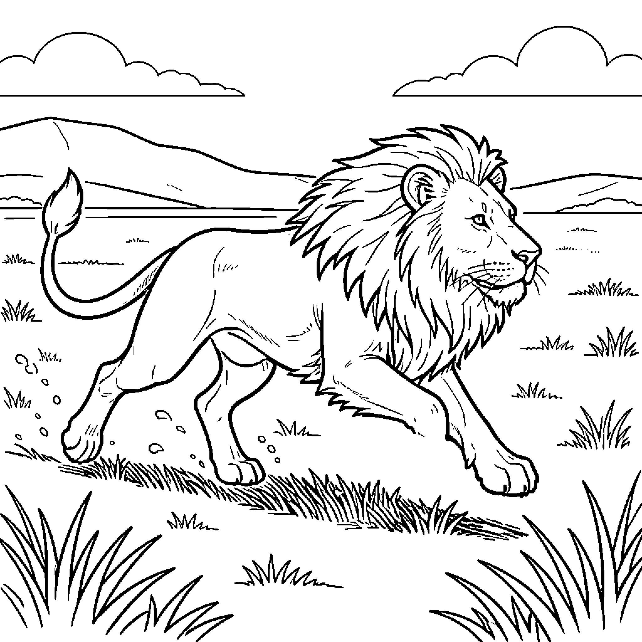 Lion running through the wild grassy savanna Coloring Page (free black-and-white line drawing printable PDF for all, from beginners to advanced learners, including children, teens, adults, and seniors)
