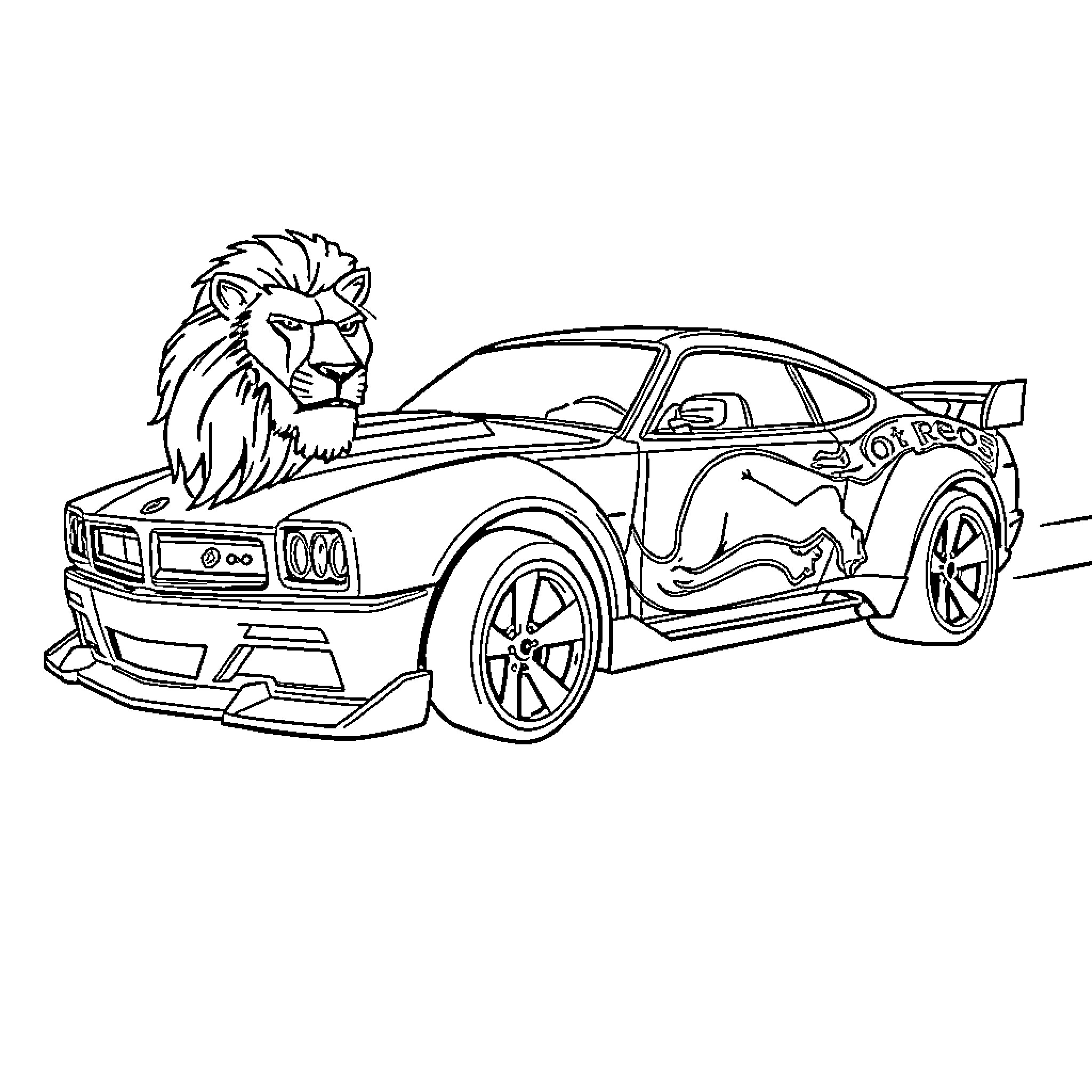 Hot Wheels Lion Racing Muscle Car Adventure Coloring Page (free black-and-white line drawing printable PDF for all, from beginners to advanced learners, including children, teens, adults, and seniors)