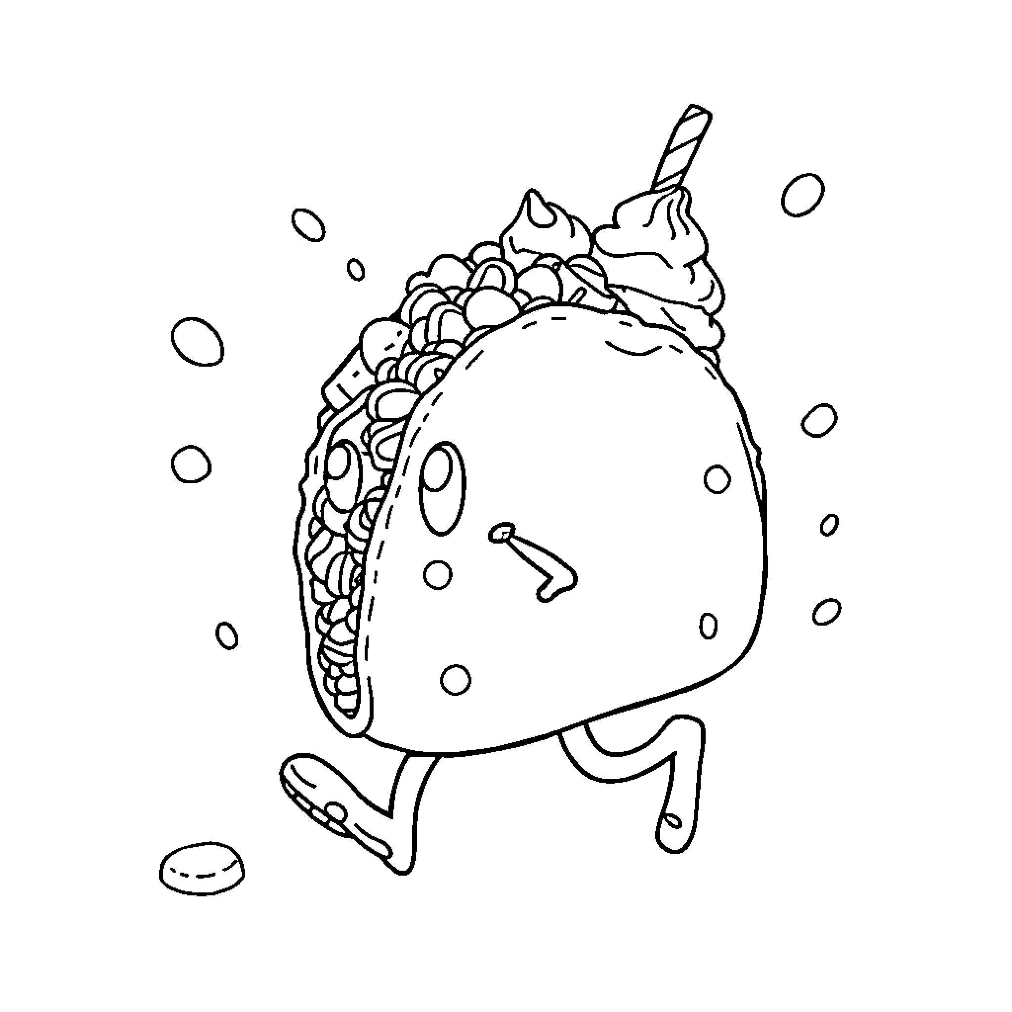Taco character running and playing happily Coloring Page (free black-and-white line drawing printable PDF for all, from beginners to advanced learners, including children, teens, adults, and seniors)