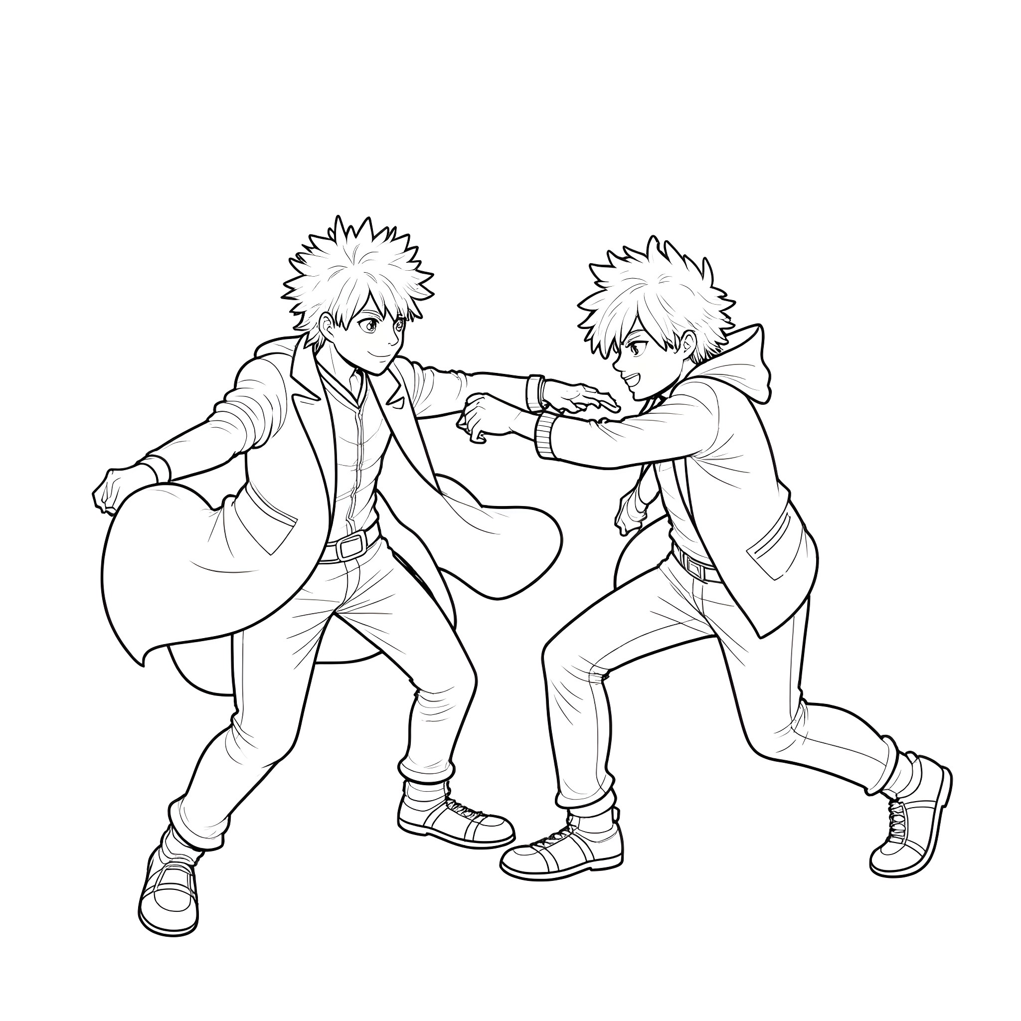 Katsuki Bakugou in intense combat with another character Coloring Page (free black-and-white line drawing printable PDF for all, from beginners to advanced learners, including children, teens, adults, and seniors)