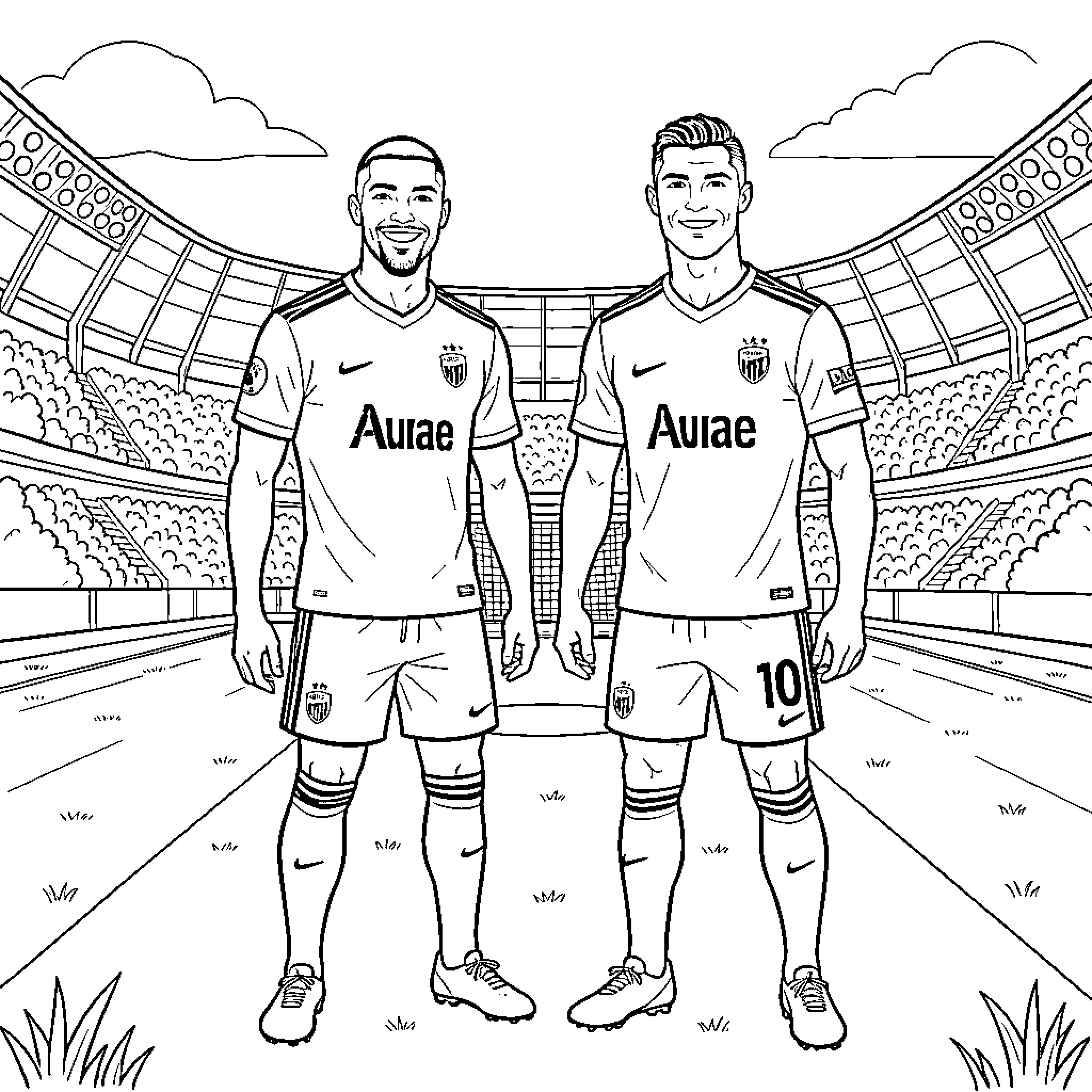 Mbappe and teammate in soccer uniforms on field Coloring Page (free black-and-white line drawing printable PDF for all, from beginners to advanced learners, including children, teens, adults, and seniors)