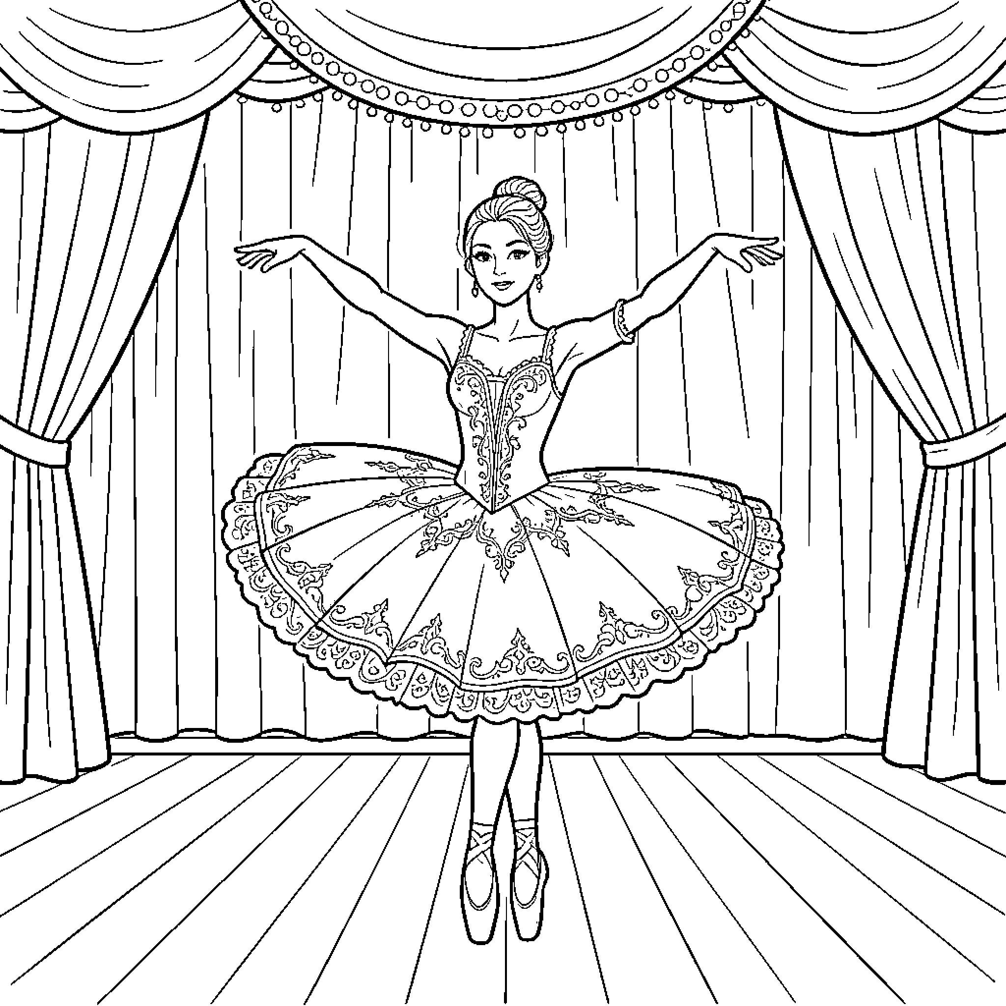 Ballerina performing gracefully on stage Coloring Page (free black-and-white line drawing printable PDF for all, from beginners to advanced learners, including children, teens, adults, and seniors)