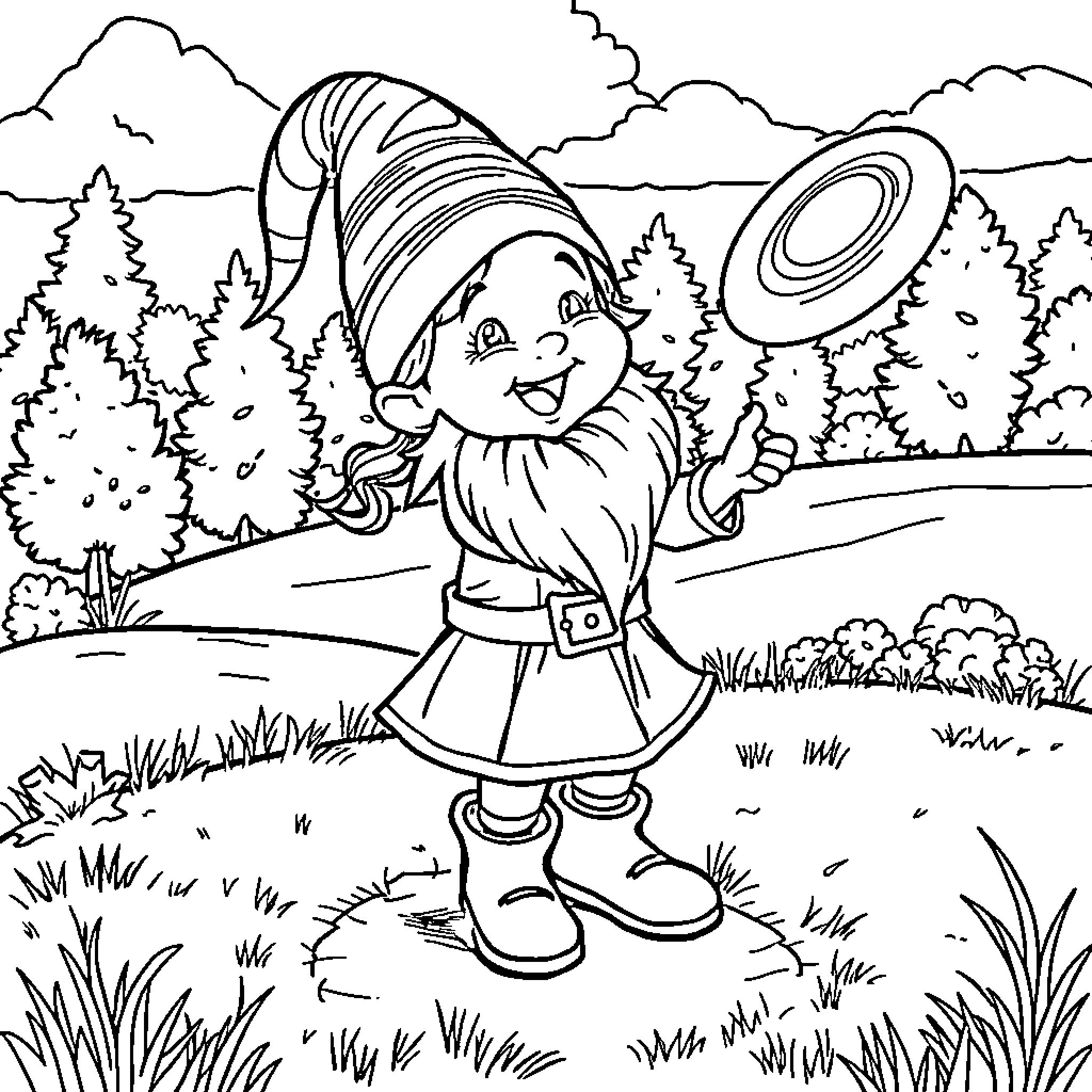 Gnome exploring the magical forest Coloring Page (free black-and-white line drawing printable PDF for all, from beginners to advanced learners, including children, teens, adults, and seniors)