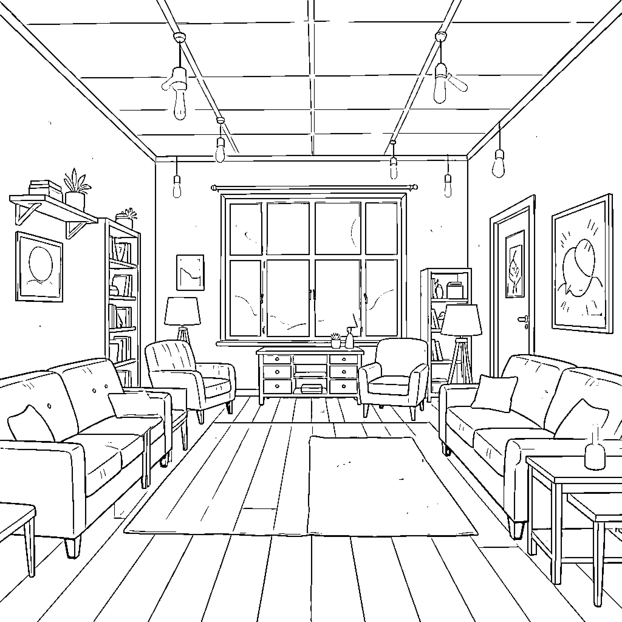 Room with cozy furniture and decor Coloring Page (free black-and-white line drawing printable PDF for all, from beginners to advanced learners, including children, teens, adults, and seniors)