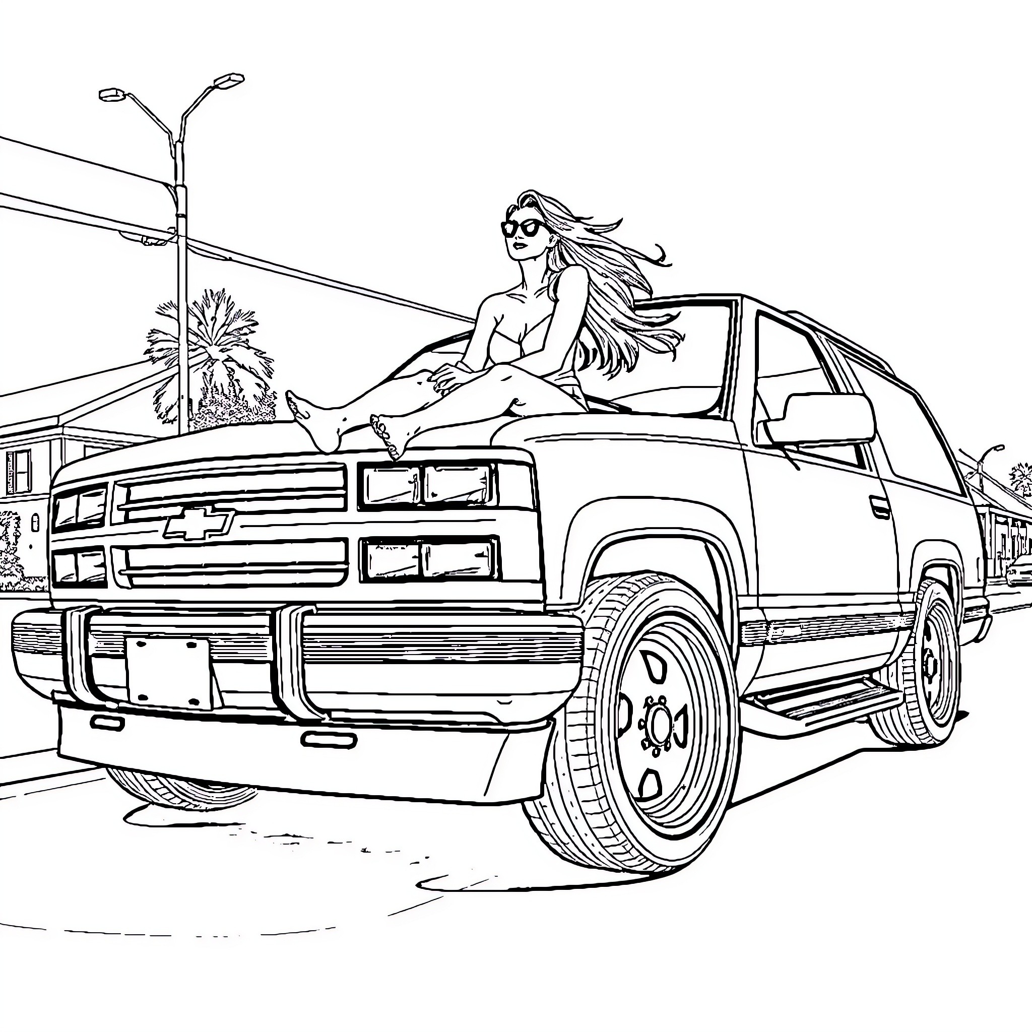 Tahoe woman reclining on lifted pickup truck Coloring Page (free black-and-white line drawing printable PDF for all, from beginners to advanced learners, including children, teens, adults, and seniors)