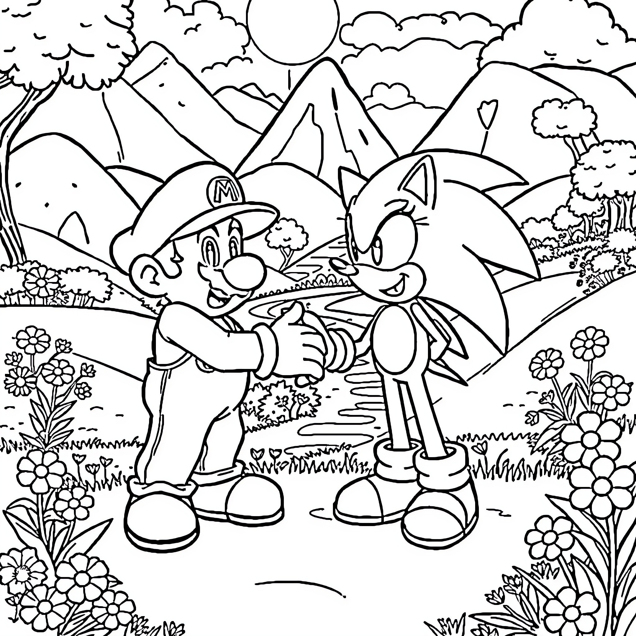 Mario and Sonic's Outdoor Adventure Coloring Page (free black-and-white line drawing printable PDF for all, from beginners to advanced learners, including children, teens, adults, and seniors)