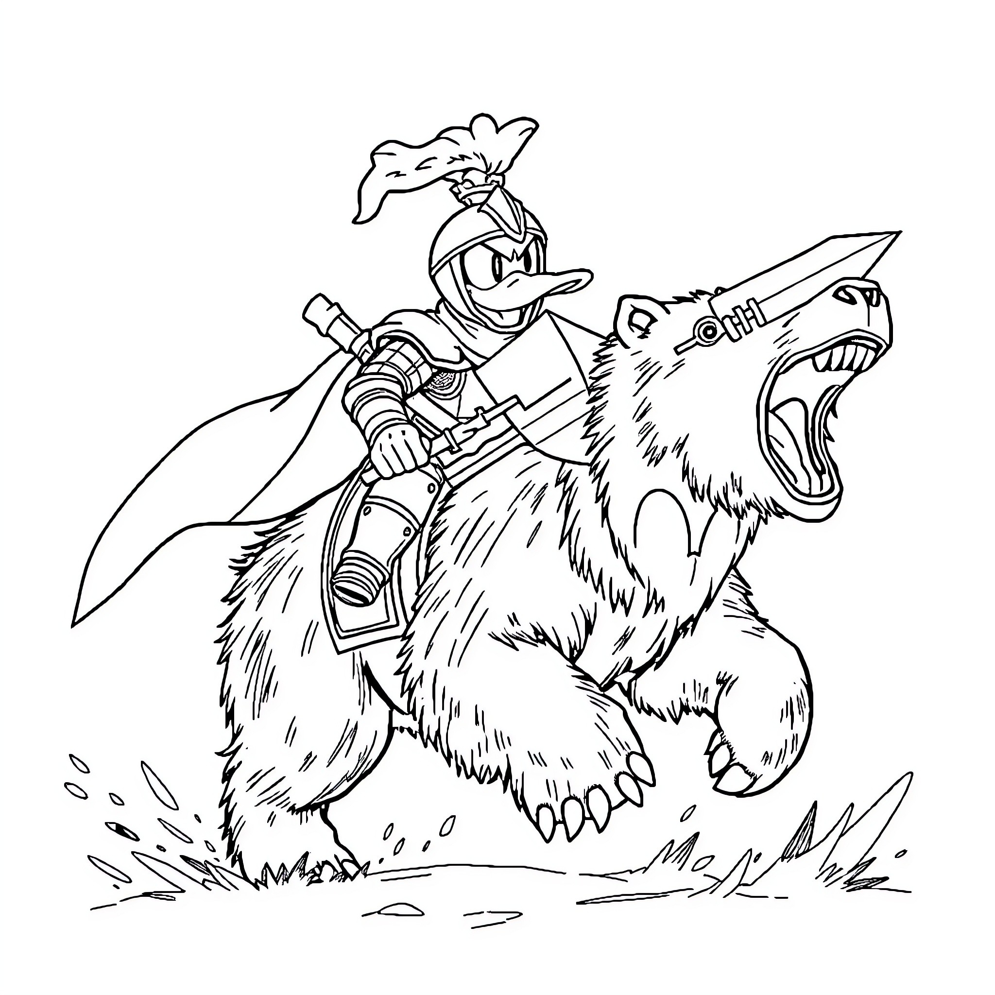 Duck Riding a Fearsome Beast in Battle Coloring Page (free black-and-white line drawing printable PDF for all, from beginners to advanced learners, including children, teens, adults, and seniors)