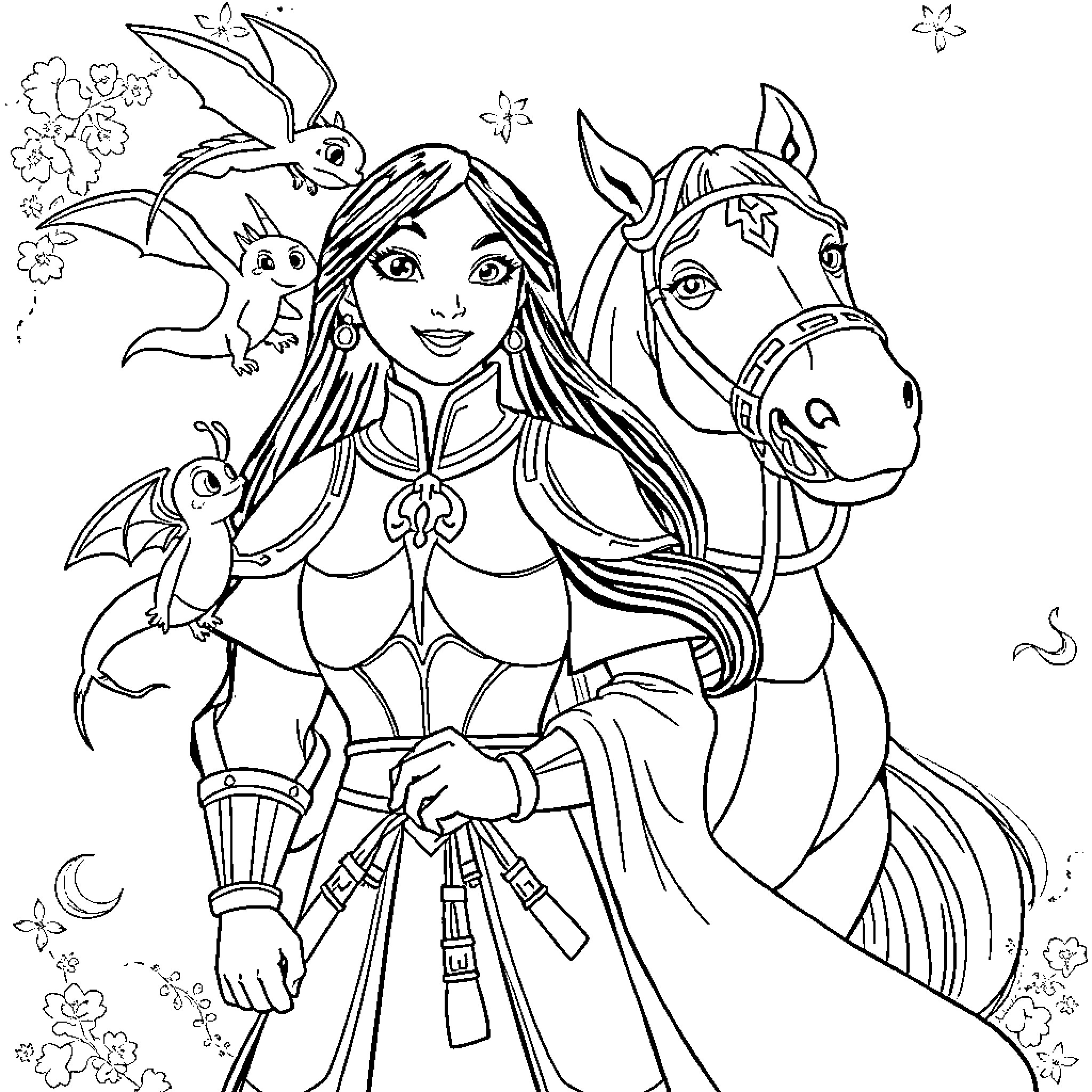 Mulan's Mythical Adventure with Companions Coloring Page (free black-and-white line drawing printable PDF for all, from beginners to advanced learners, including children, teens, adults, and seniors)