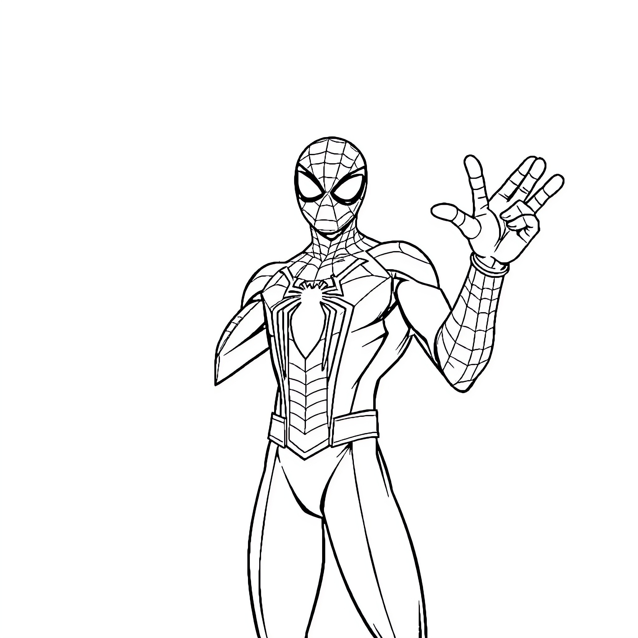 Spiderman posing in heroic stance Coloring Page (free black-and-white line drawing printable PDF for all, from beginners to advanced learners, including children, teens, adults, and seniors)