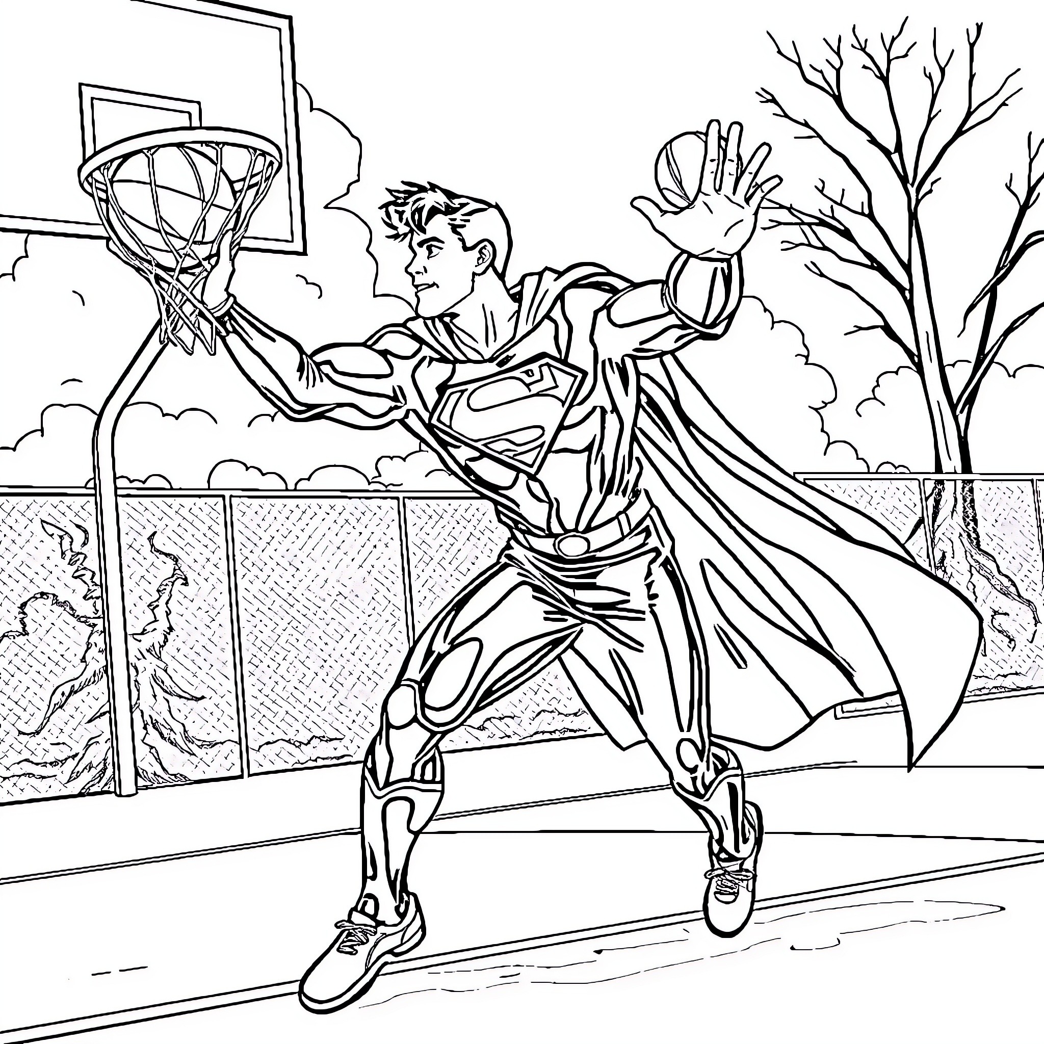 Superman making a basketball shot Coloring Page (free black-and-white line drawing printable PDF for all, from beginners to advanced learners, including children, teens, adults, and seniors)