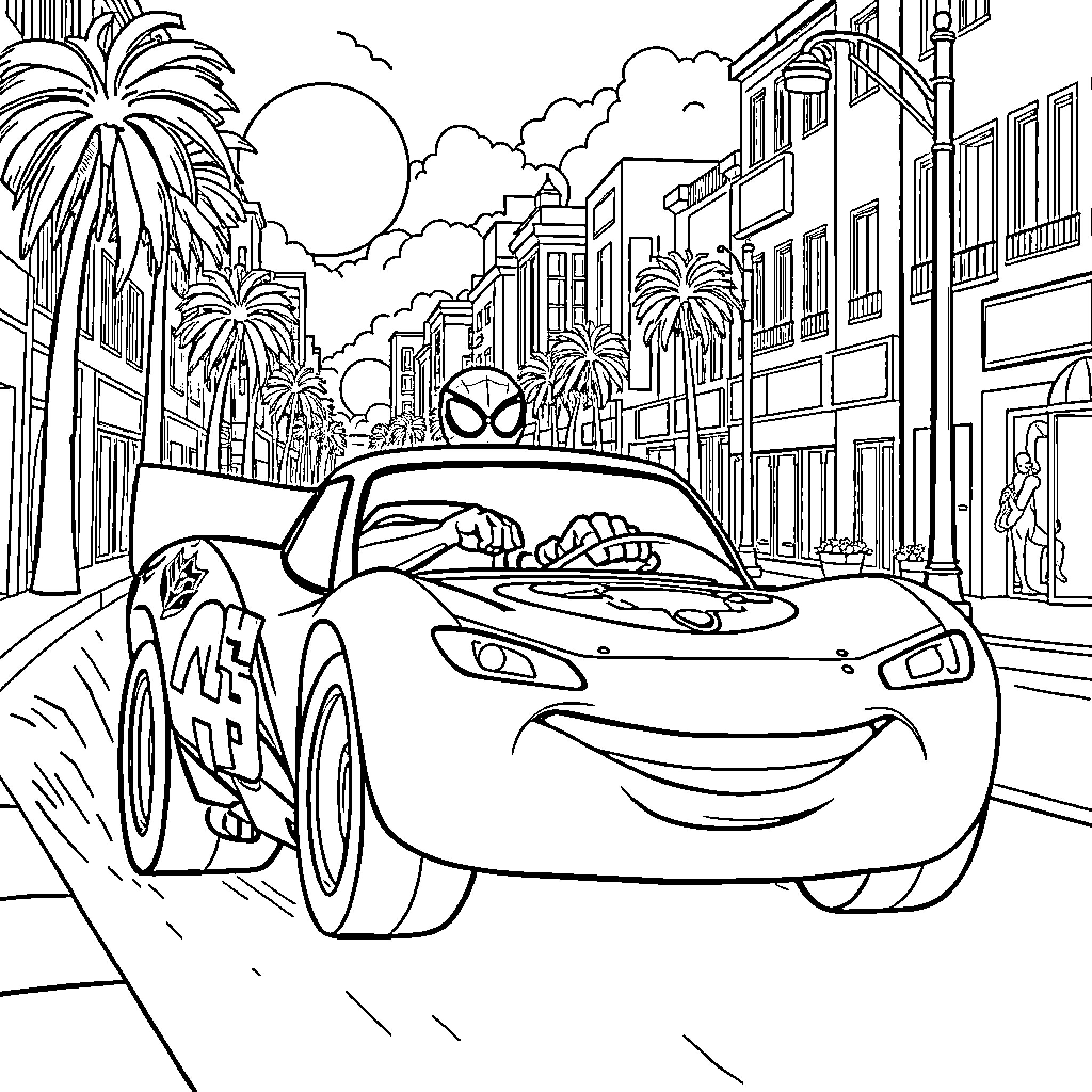 Spiderman races through the city in a sports car Coloring Page (free black-and-white line drawing printable PDF for all, from beginners to advanced learners, including children, teens, adults, and seniors)