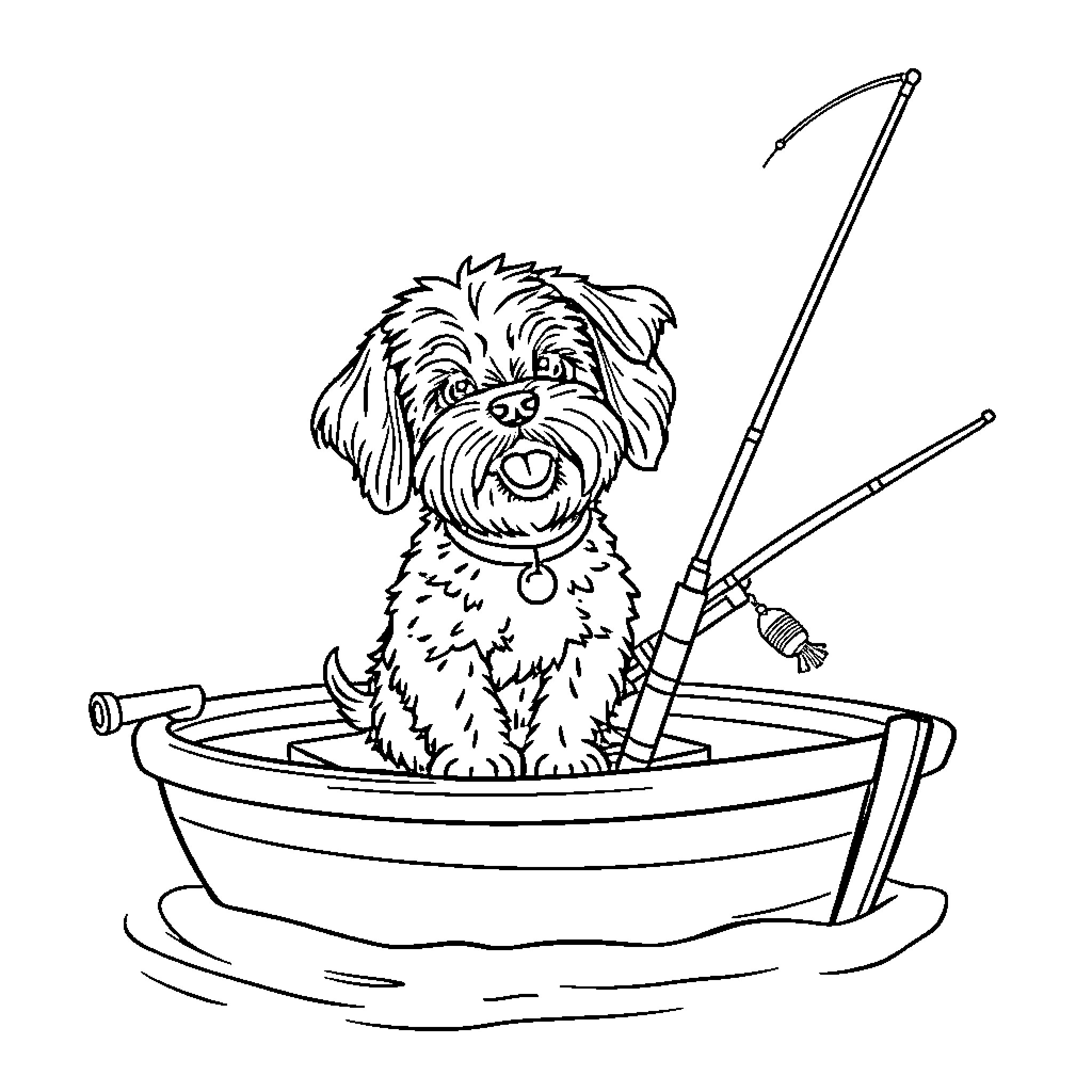 Cavapoo enjoying a fishing trip Coloring Page (free black-and-white line drawing printable PDF for all, from beginners to advanced learners, including children, teens, adults, and seniors)