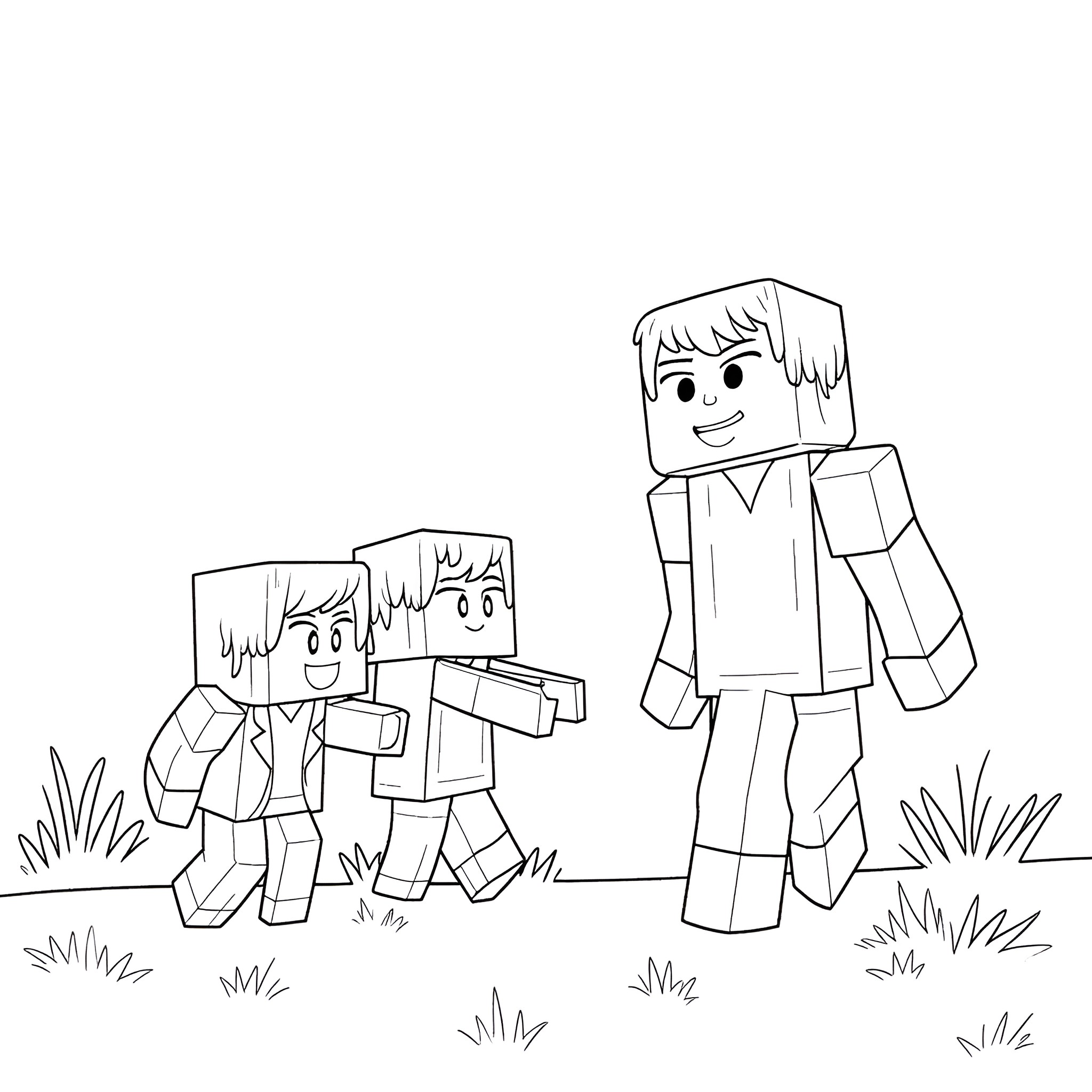Minecraft characters exploring the outdoors Coloring Page (free black-and-white line drawing printable PDF for all, from beginners to advanced learners, including children, teens, adults, and seniors)