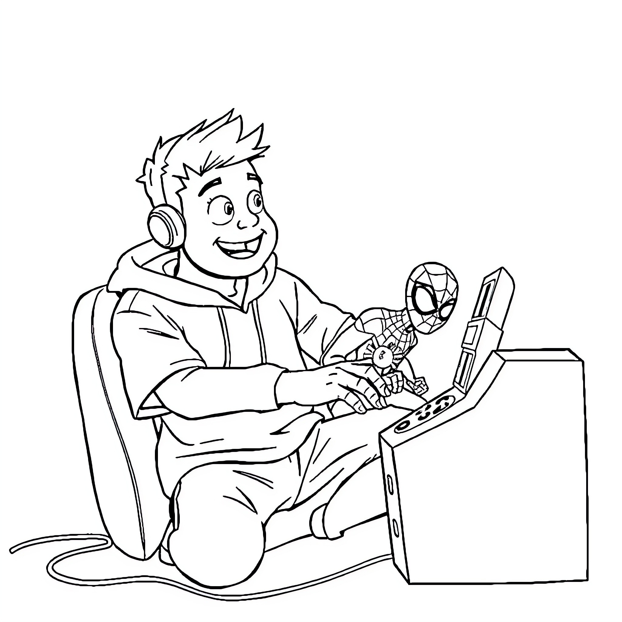 Spiderman playing video games with a smiling boy Coloring Page (free black-and-white line drawing printable PDF for all, from beginners to advanced learners, including children, teens, adults, and seniors)