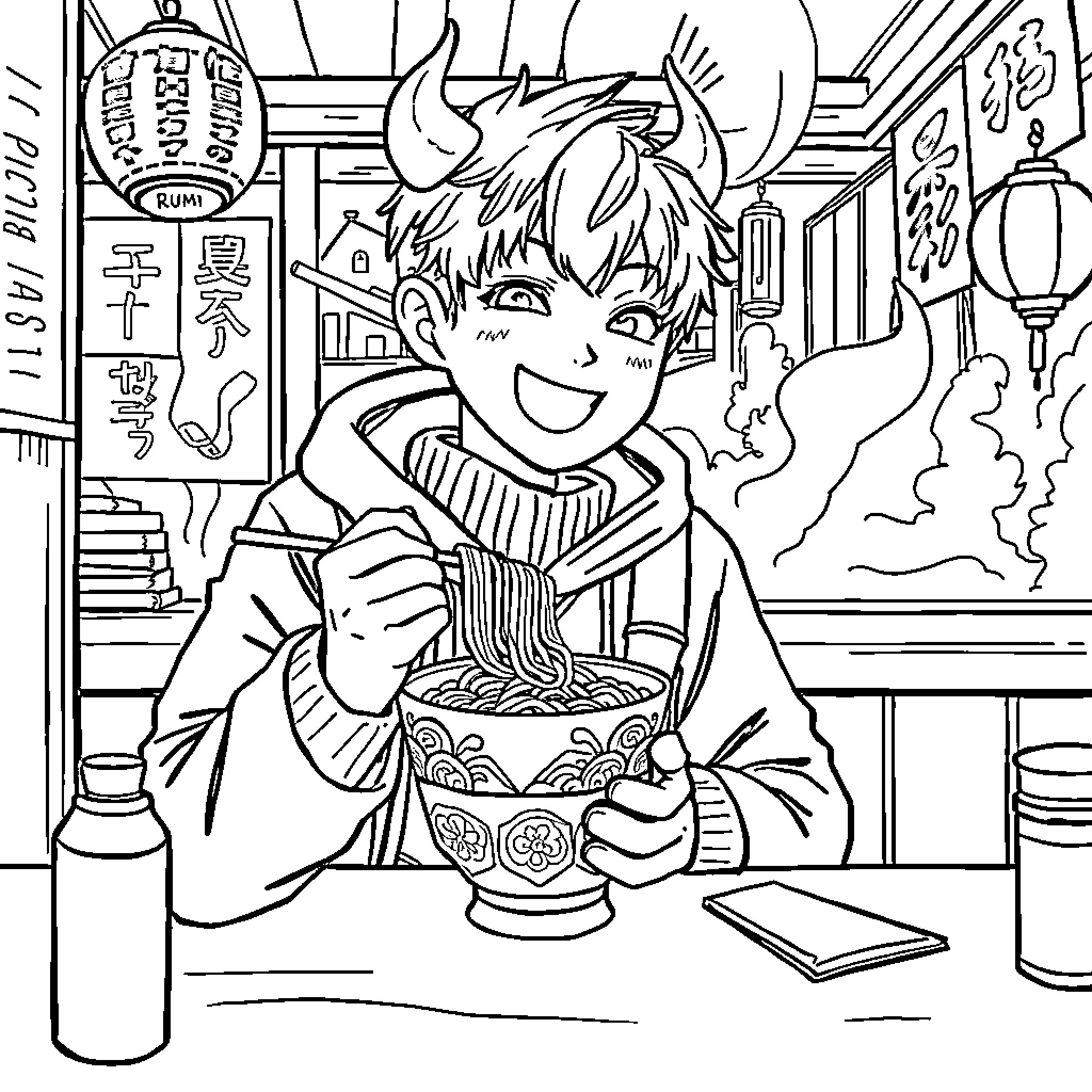 Rumi enjoying a delightful meal in a vibrant city scene Coloring Page (free black-and-white line drawing printable PDF for all, from beginners to advanced learners, including children, teens, adults, and seniors)