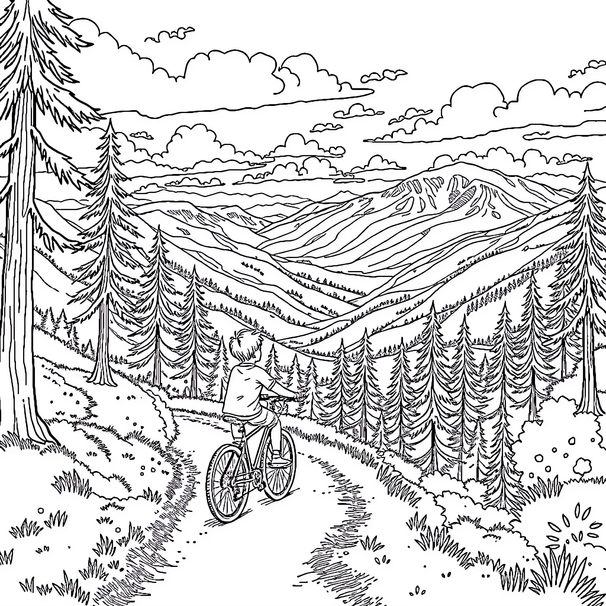 Boy riding bicycle on mountain trail Coloring Page (free black-and-white line drawing printable PDF for all, from beginners to advanced learners, including children, teens, adults, and seniors)
