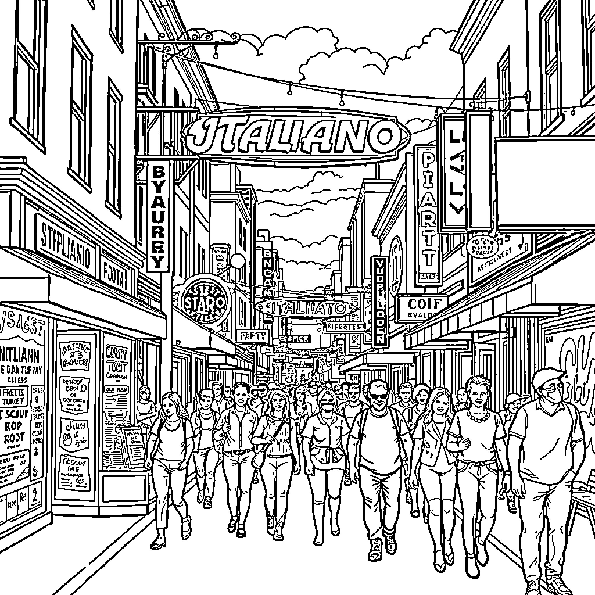 Italiano Bustling City Street Scene with Crowd Coloring Page (free black-and-white line drawing printable PDF for all, from beginners to advanced learners, including children, teens, adults, and seniors)