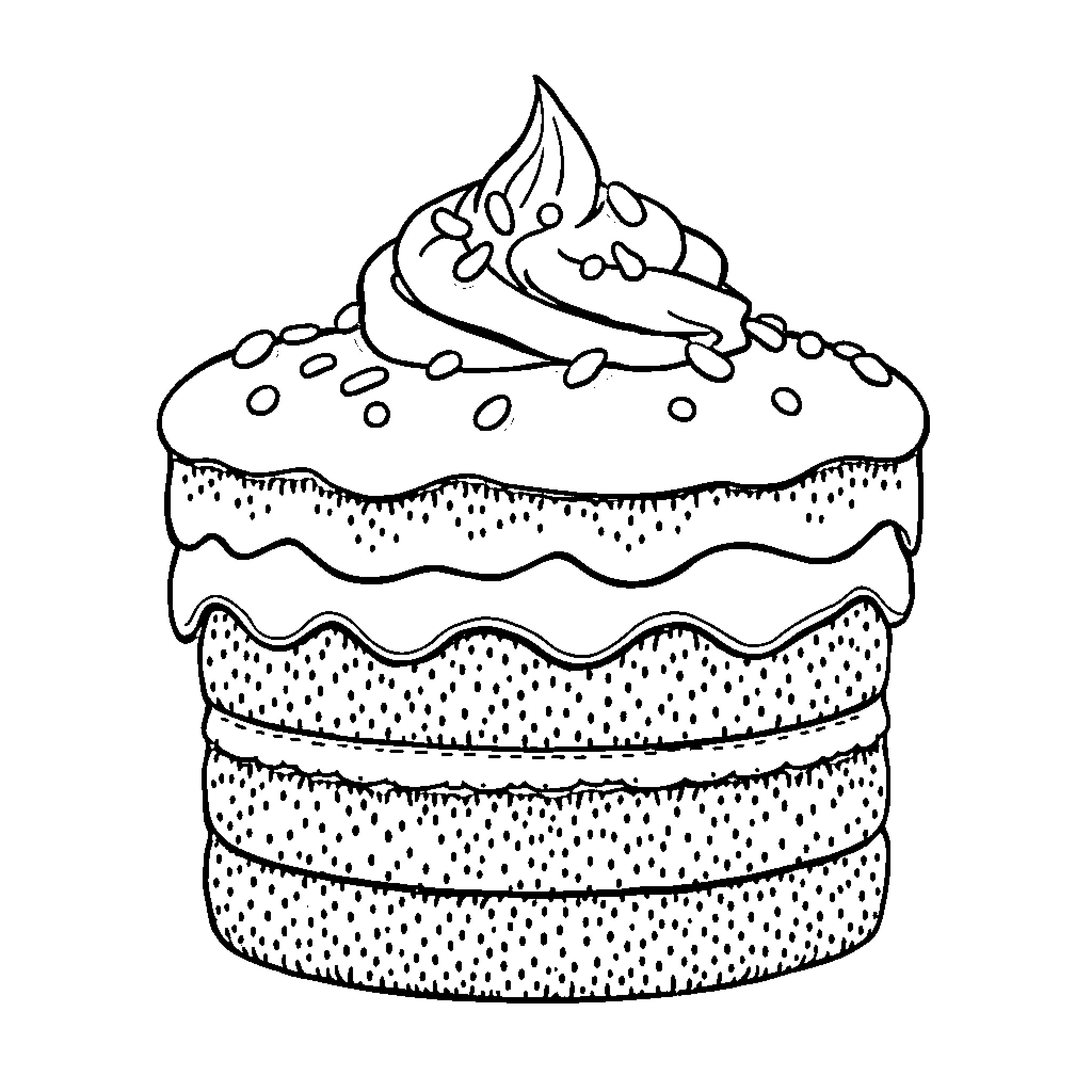 Cake with Decorative Frosting Coloring Page (free black-and-white line drawing printable PDF for all, from beginners to advanced learners, including children, teens, adults, and seniors)