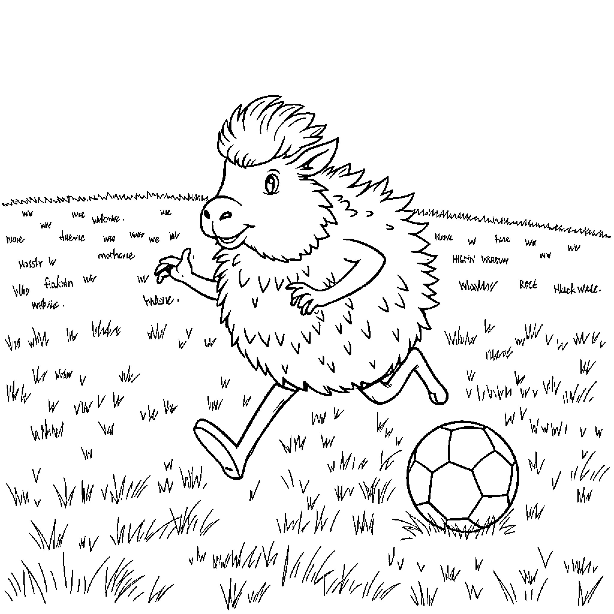 Haggis playing with a soccer ball in the field Coloring Page (free black-and-white line drawing printable PDF for all, from beginners to advanced learners, including children, teens, adults, and seniors)