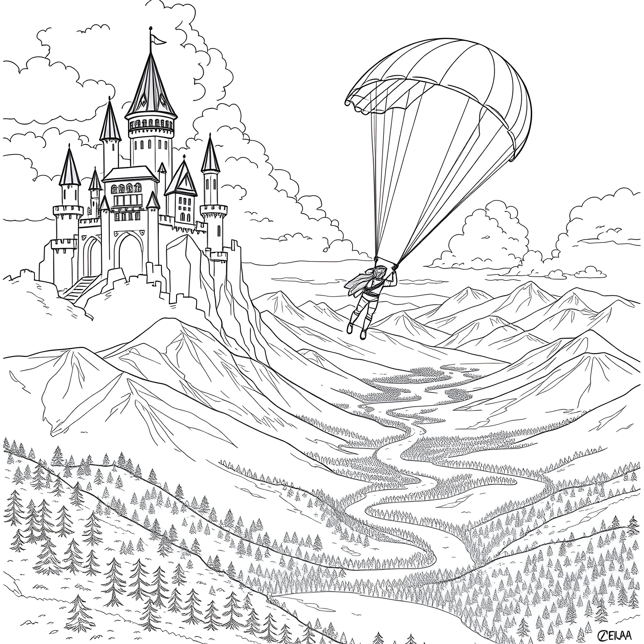 Link's Aerial Adventure over the Mountainous Kingdom Coloring Page (free black-and-white line drawing printable PDF for all, from beginners to advanced learners, including children, teens, adults, and seniors)