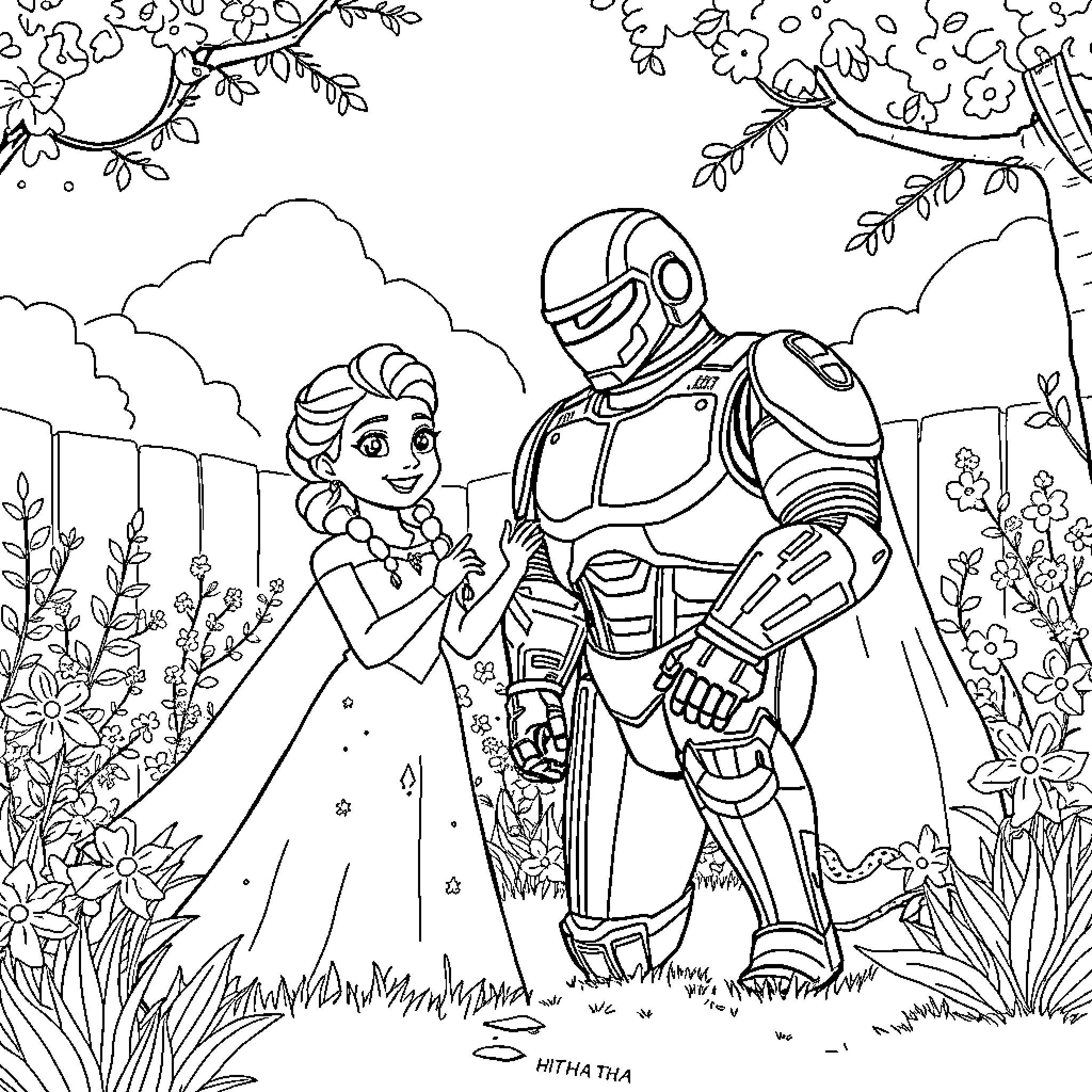 Elsa and the Mechanical Companion Explore the Garden Coloring Page (free black-and-white line drawing printable PDF for all, from beginners to advanced learners, including children, teens, adults, and seniors)