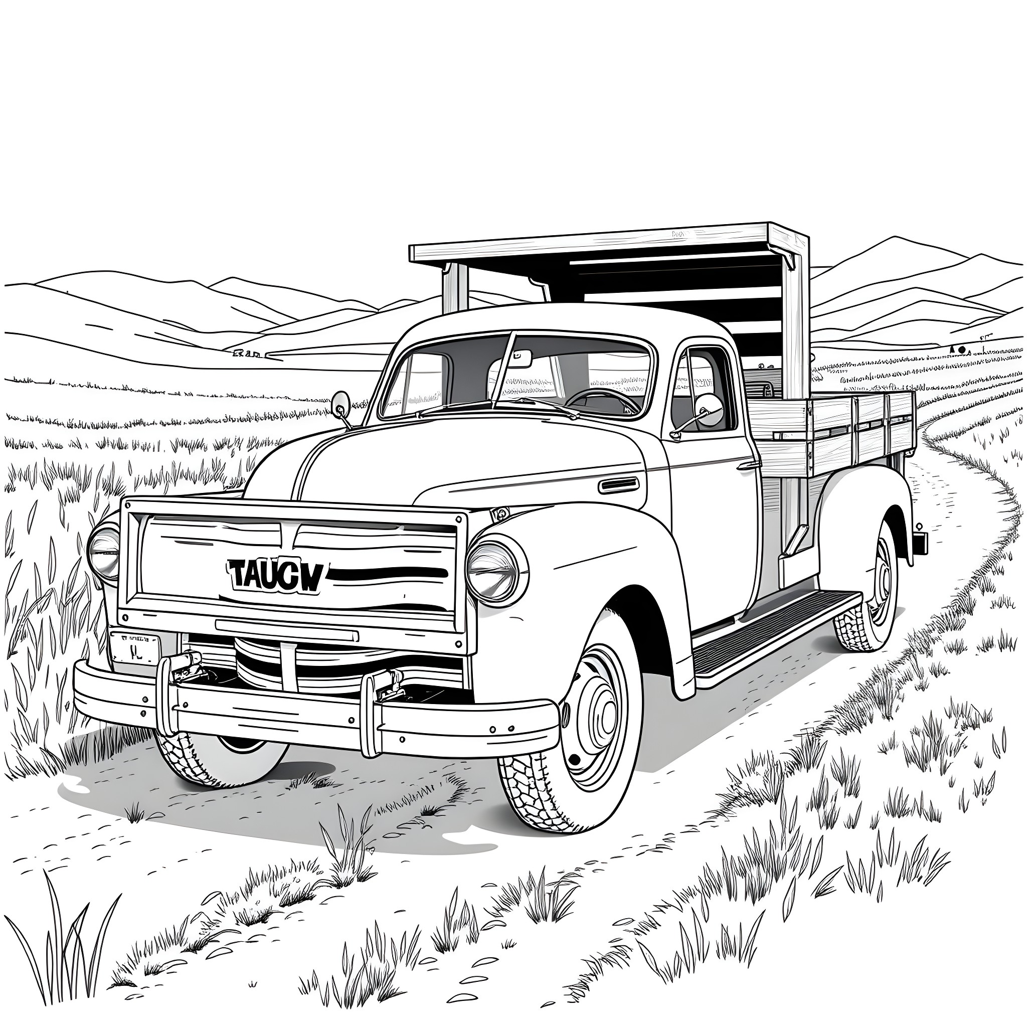 Truck with Cargo Bed in Countryside Landscape Coloring Page (free black-and-white line drawing printable PDF for all, from beginners to advanced learners, including children, teens, adults, and seniors)