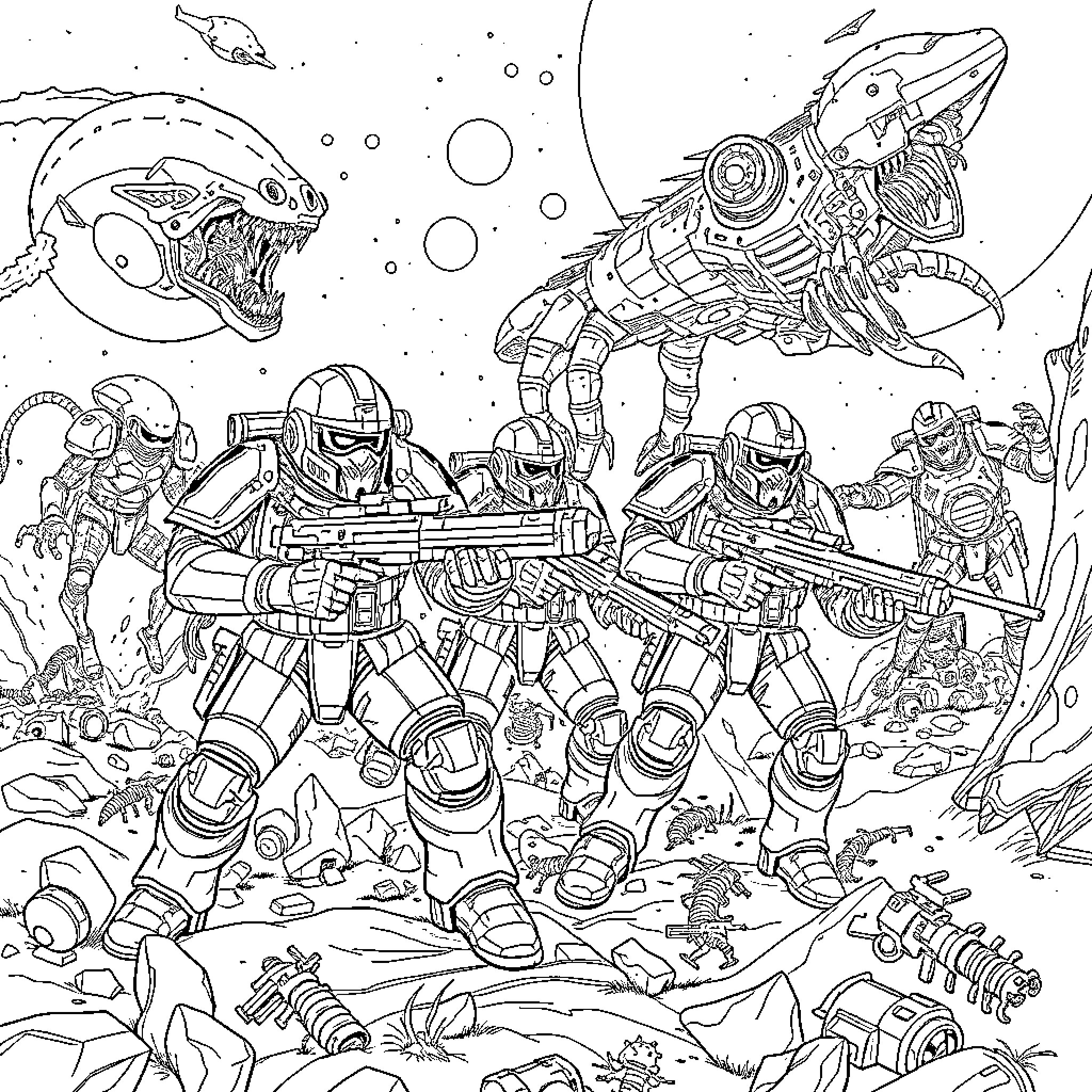 Space Marine Squad Battling Alien Creatures in Cosmic Landscape Coloring Page (free black-and-white line drawing printable PDF for all, from beginners to advanced learners, including children, teens, adults, and seniors)