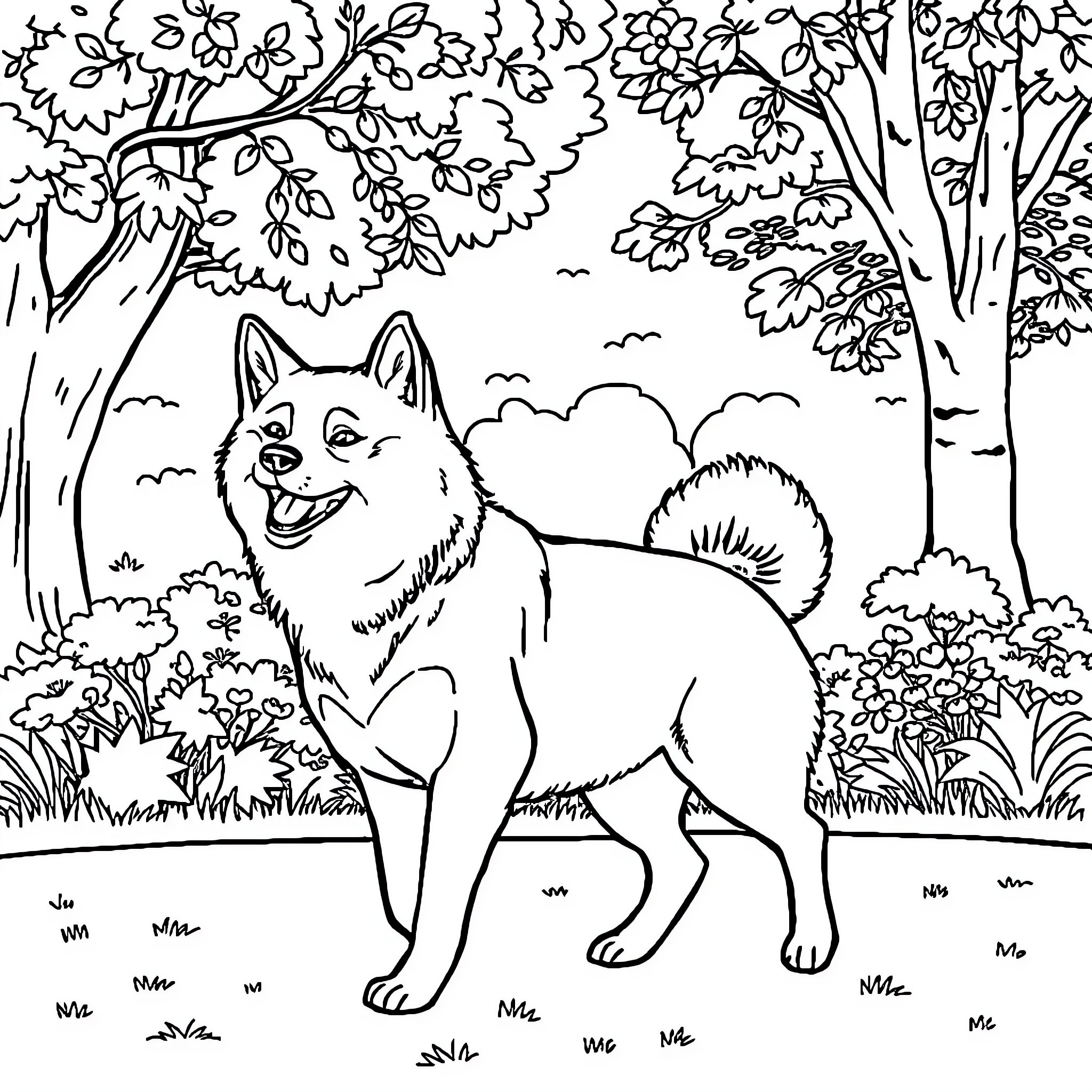 Shiba Inu enjoying the outdoors Coloring Page (free black-and-white line drawing printable PDF for all, from beginners to advanced learners, including children, teens, adults, and seniors)