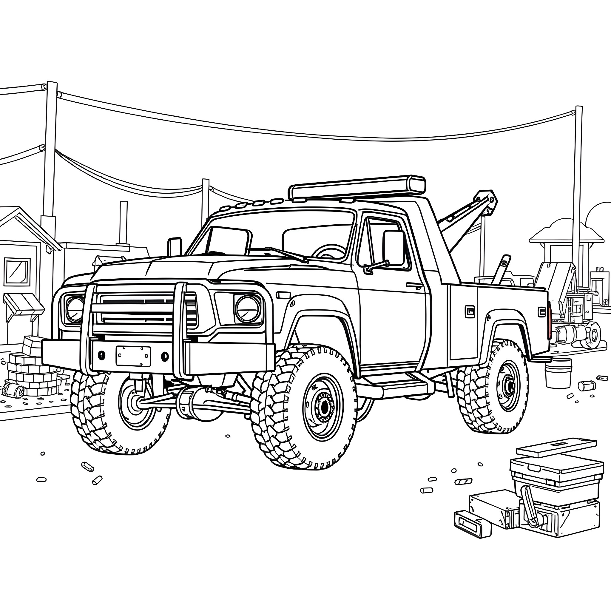 Wrecker truck assisting on a construction site Coloring Page (free black-and-white line drawing printable PDF for all, from beginners to advanced learners, including children, teens, adults, and seniors)