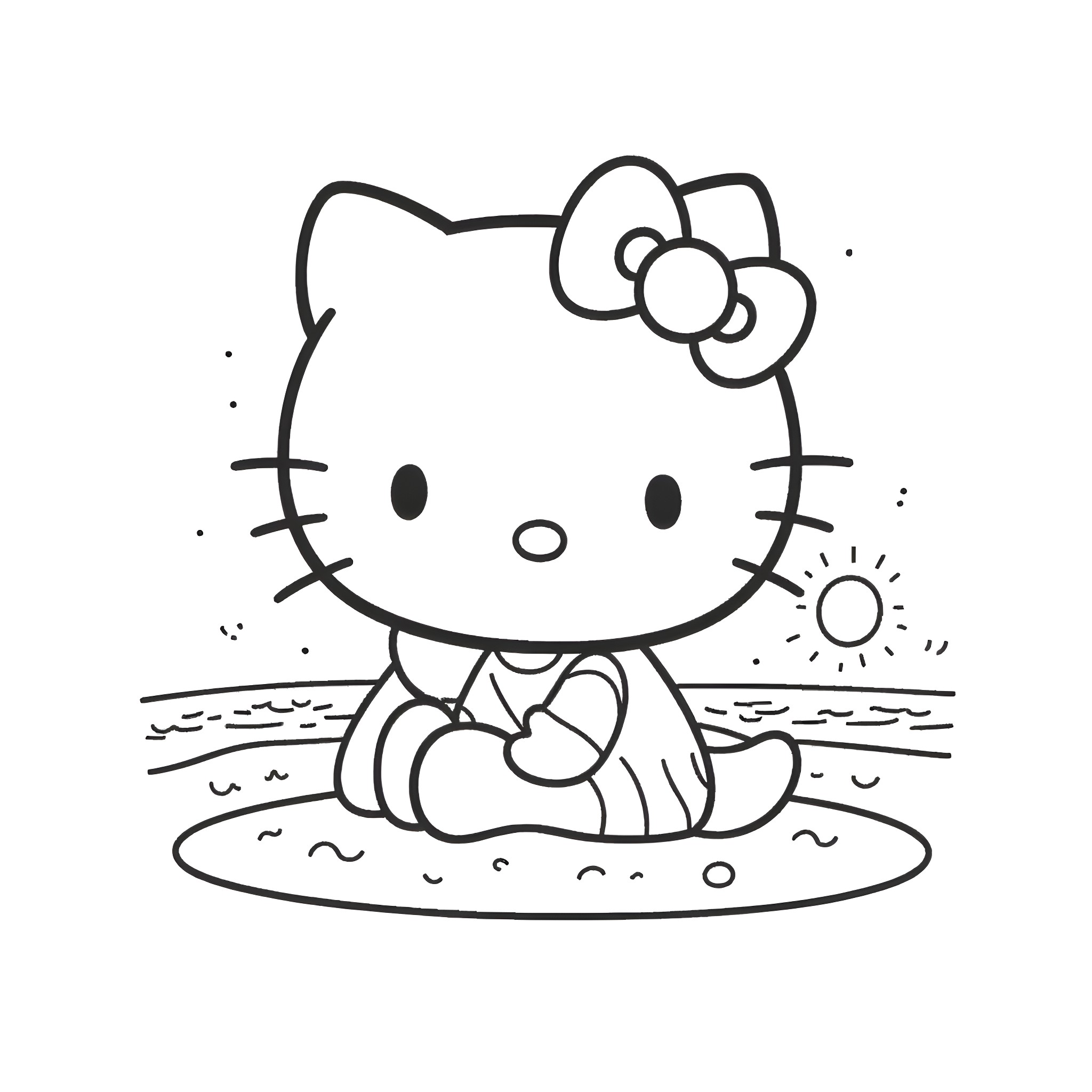 Hello Kitty sitting happily on the beach Coloring Page (free black-and-white line drawing printable PDF for all, from beginners to advanced learners, including children, teens, adults, and seniors)