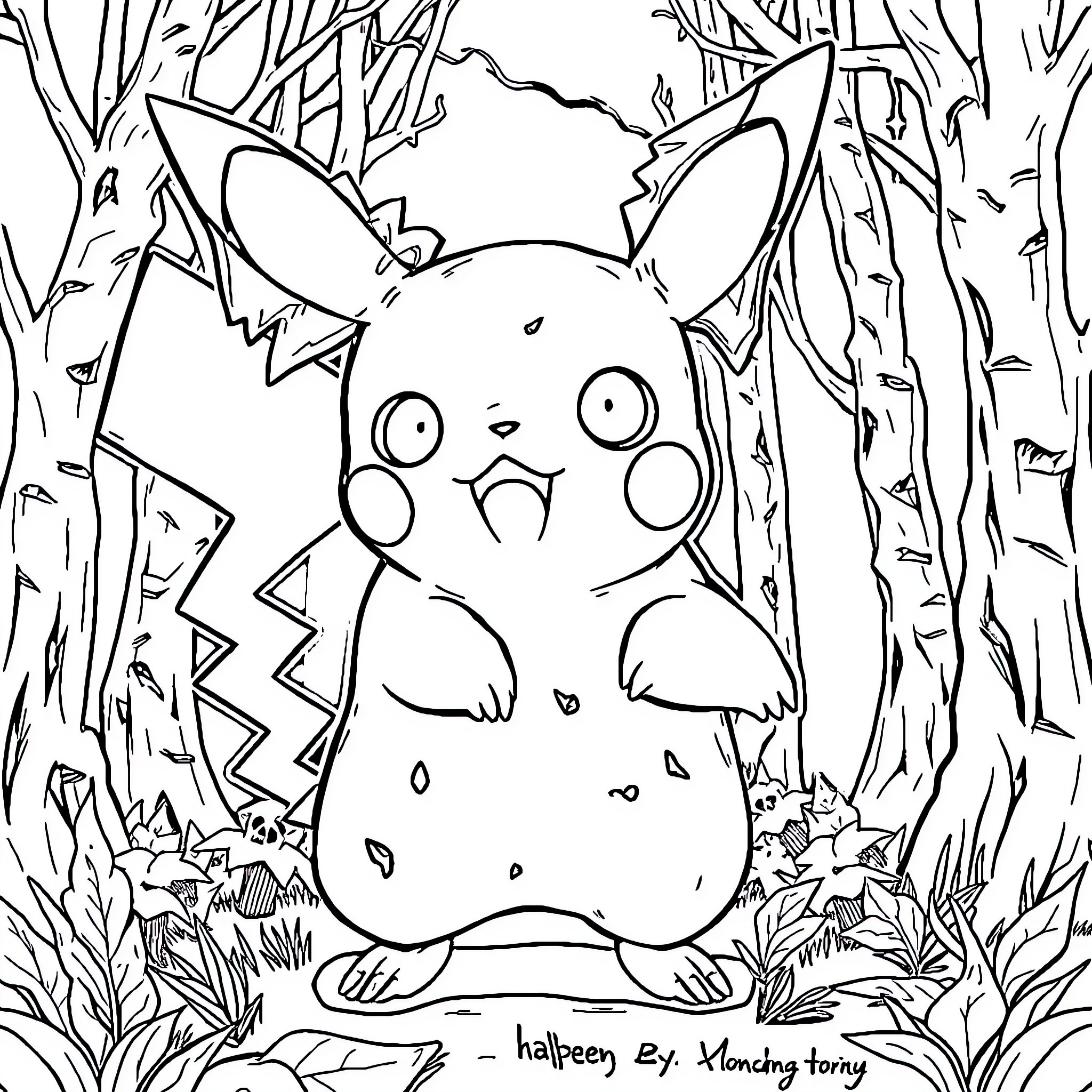 Pikachu exploring the mysterious forest Coloring Page (free black-and-white line drawing printable PDF for all, from beginners to advanced learners, including children, teens, adults, and seniors)