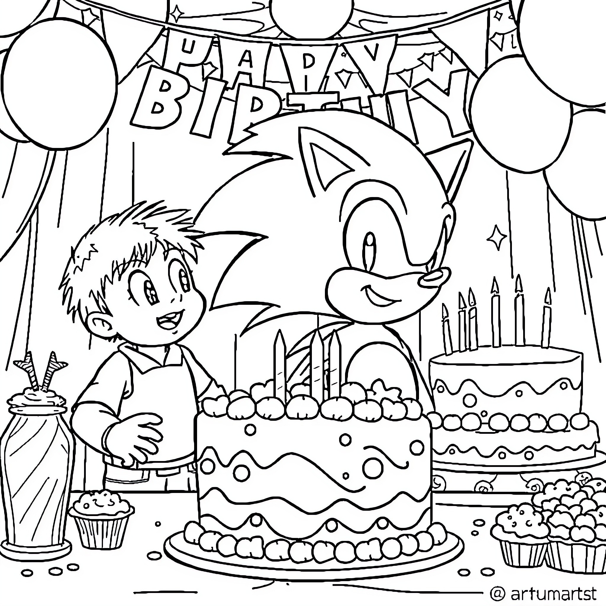 Sonic's Birthday Party with Cake and Balloons Coloring Page (free black-and-white line drawing printable PDF for all, from beginners to advanced learners, including children, teens, adults, and seniors)